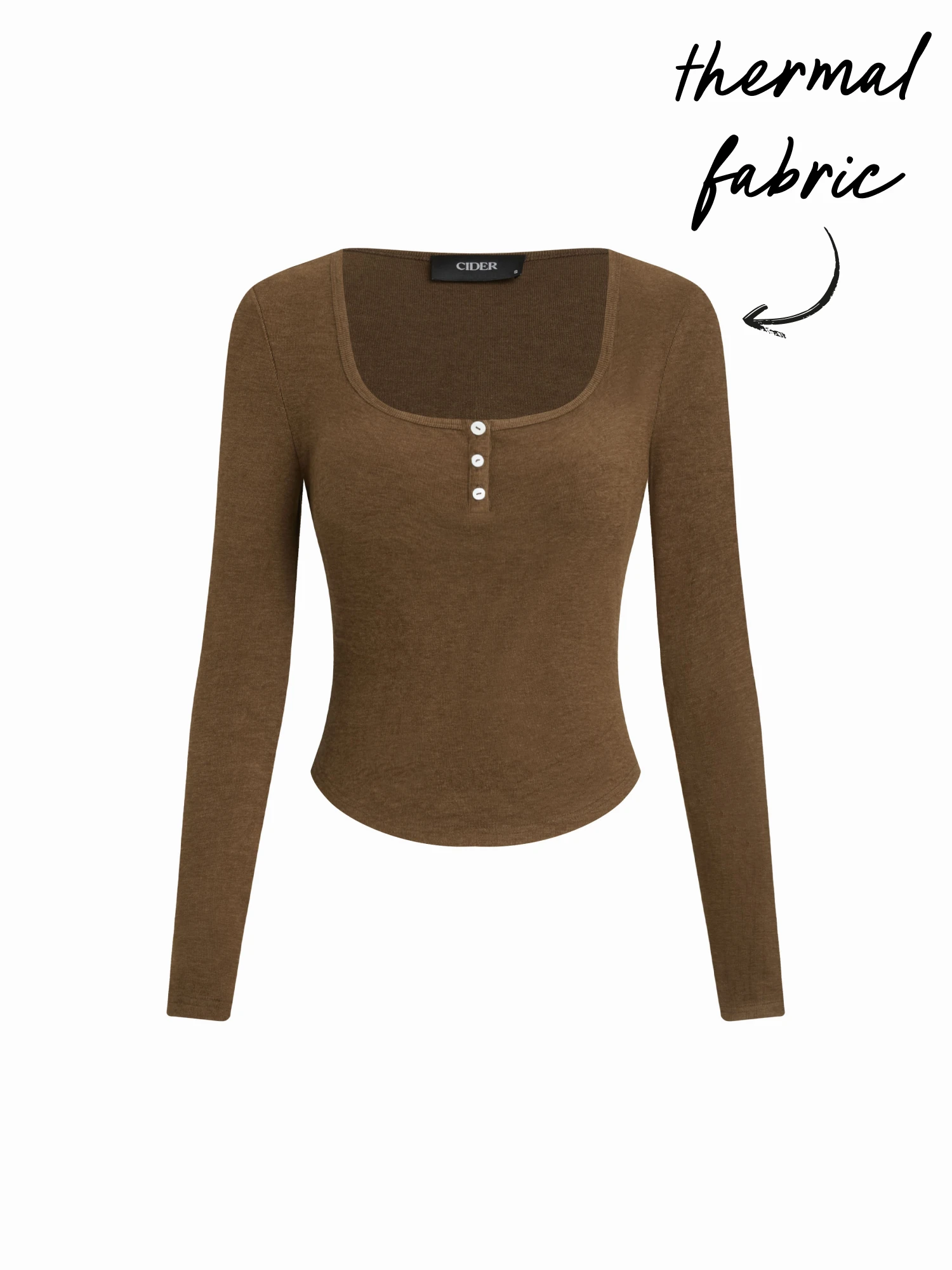 Thermal Cotton-blend  Scoop Neckline Long Sleeve Curved Hem Tee