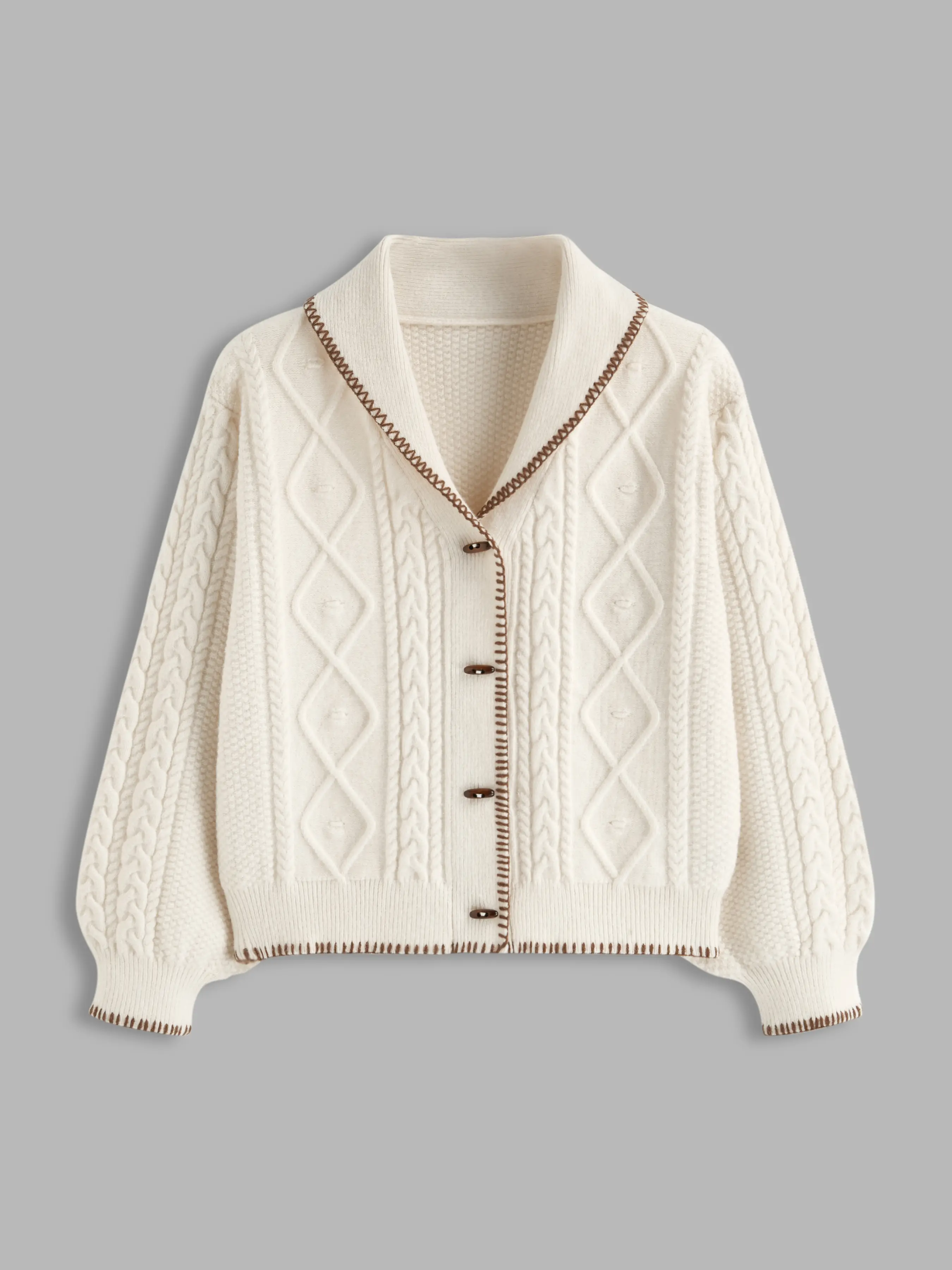 Cable Knit Collar Contrasting Binding Toggle Cardigan Curve & Plus