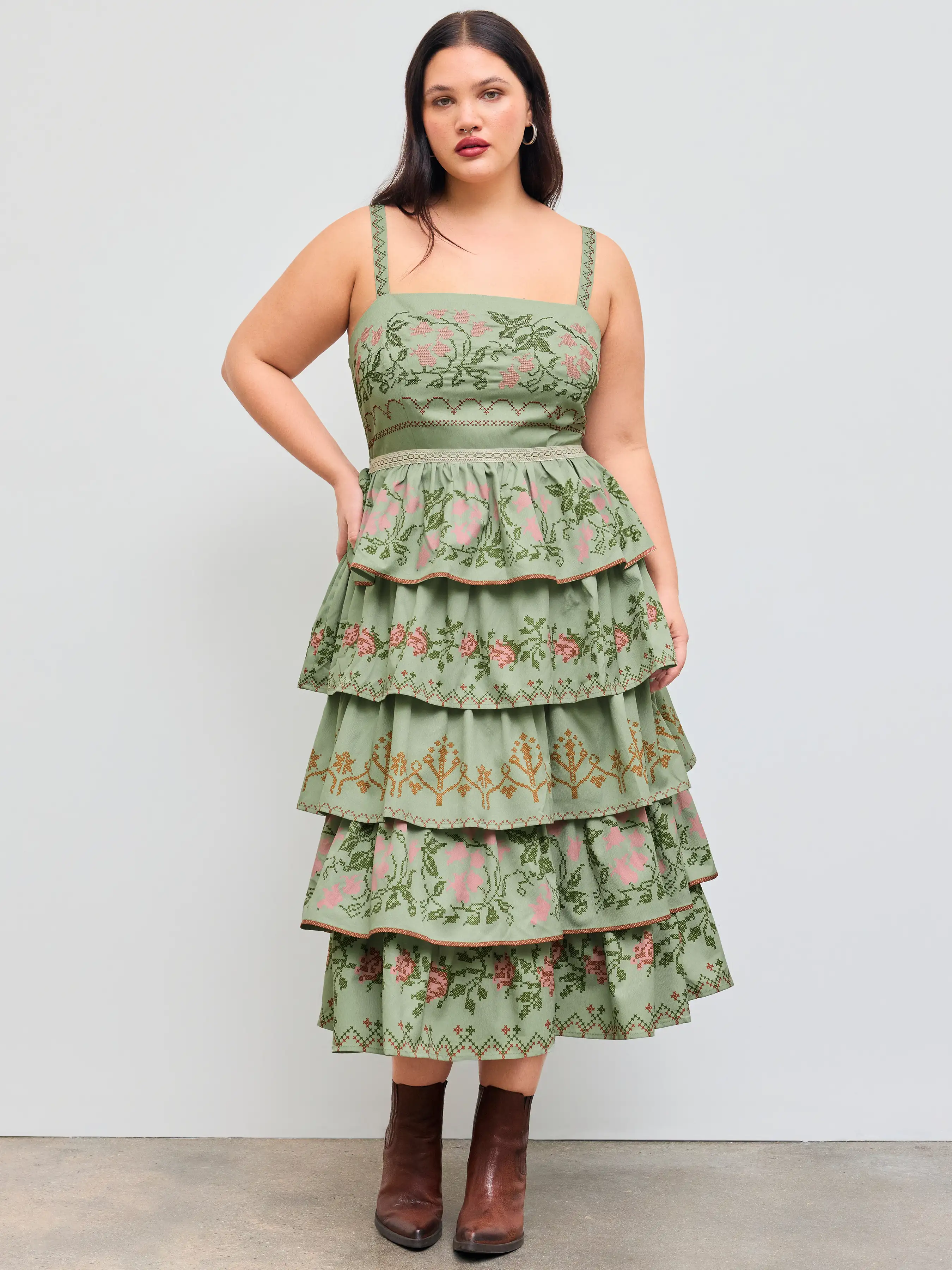 Floral Embroidery Tiered Maxi Dress Curve & Plus