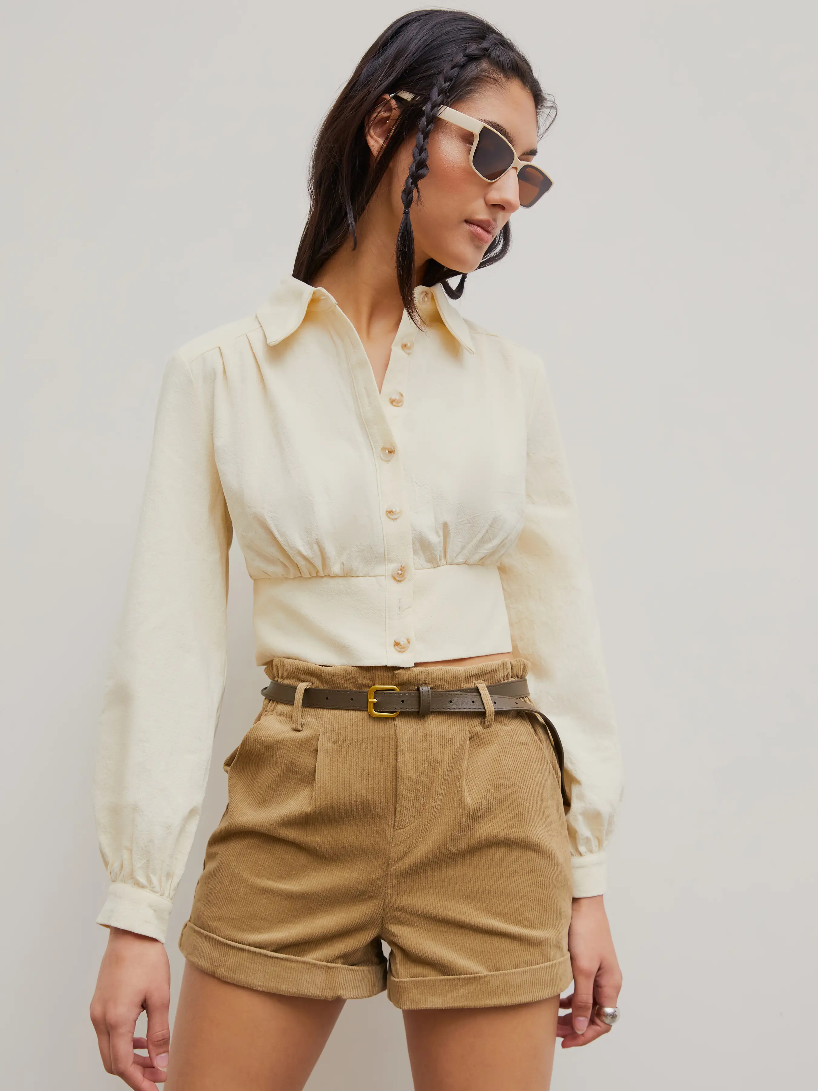 Woven Collar Ruched Crop Blouse