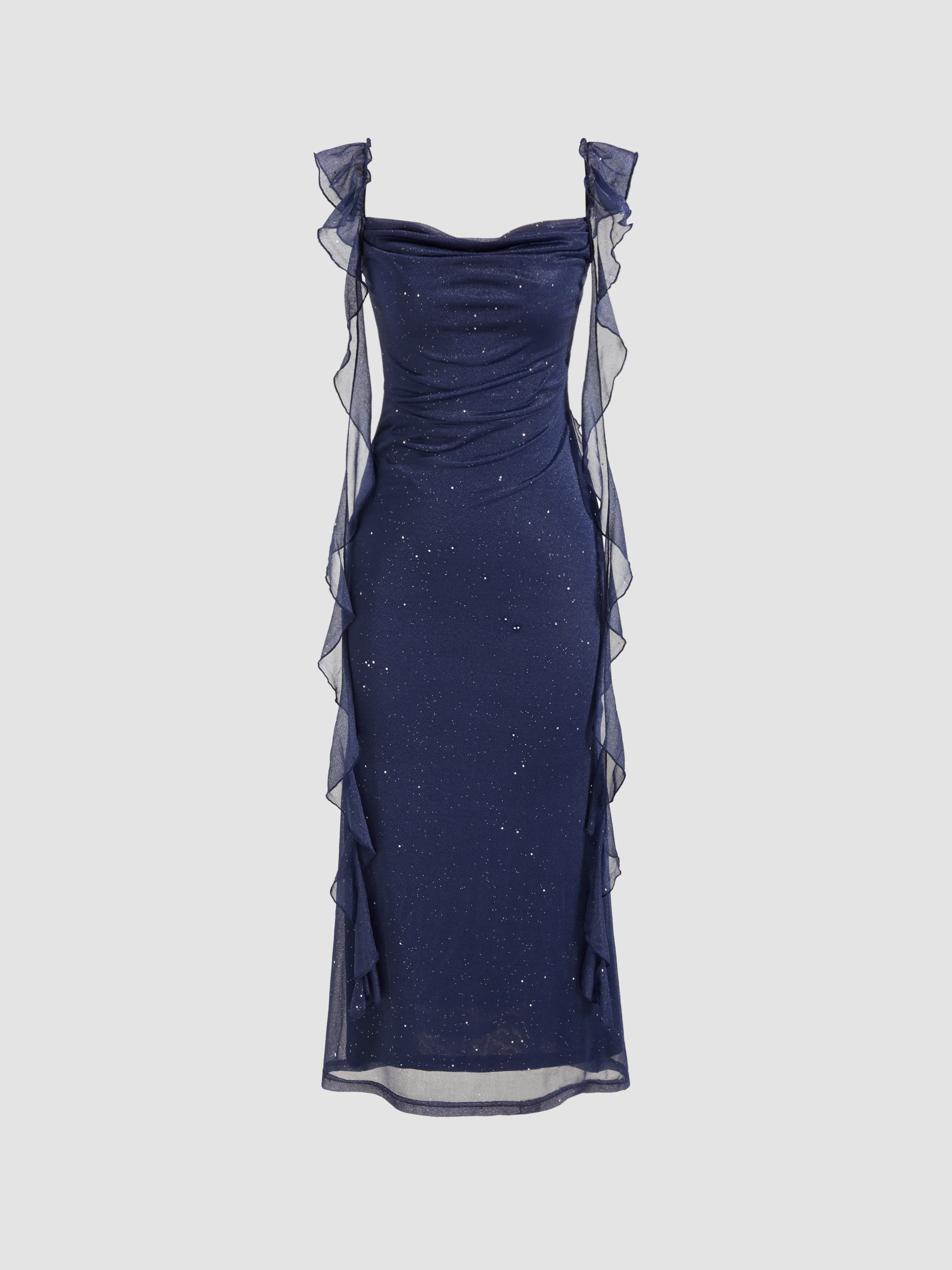 Cowl Neck Solid Glitter Ruffle Hem Maxi Dress