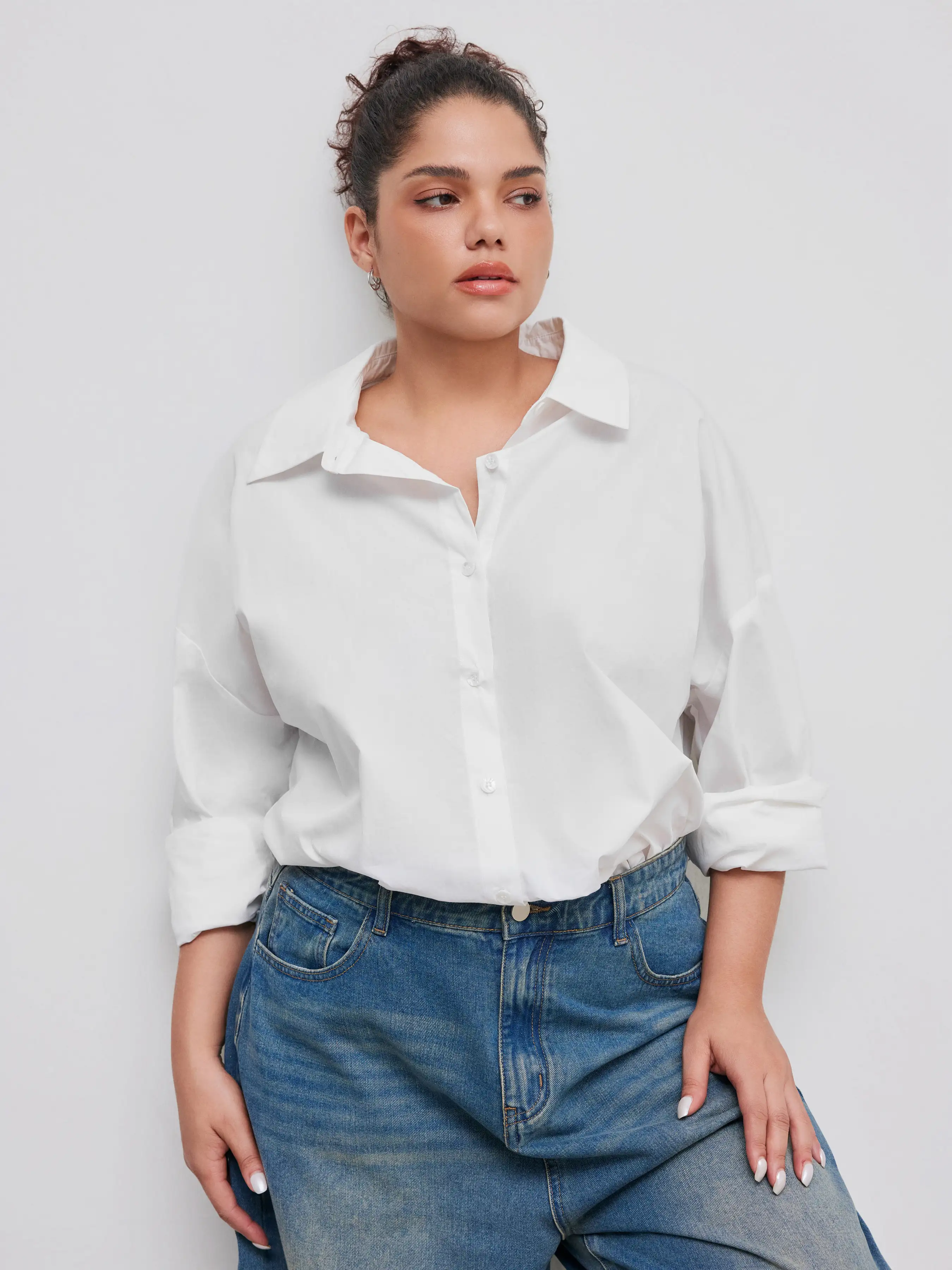 100% Cotton Collar Solid Button Long Sleeve Oversized Shirt Curve & Plus