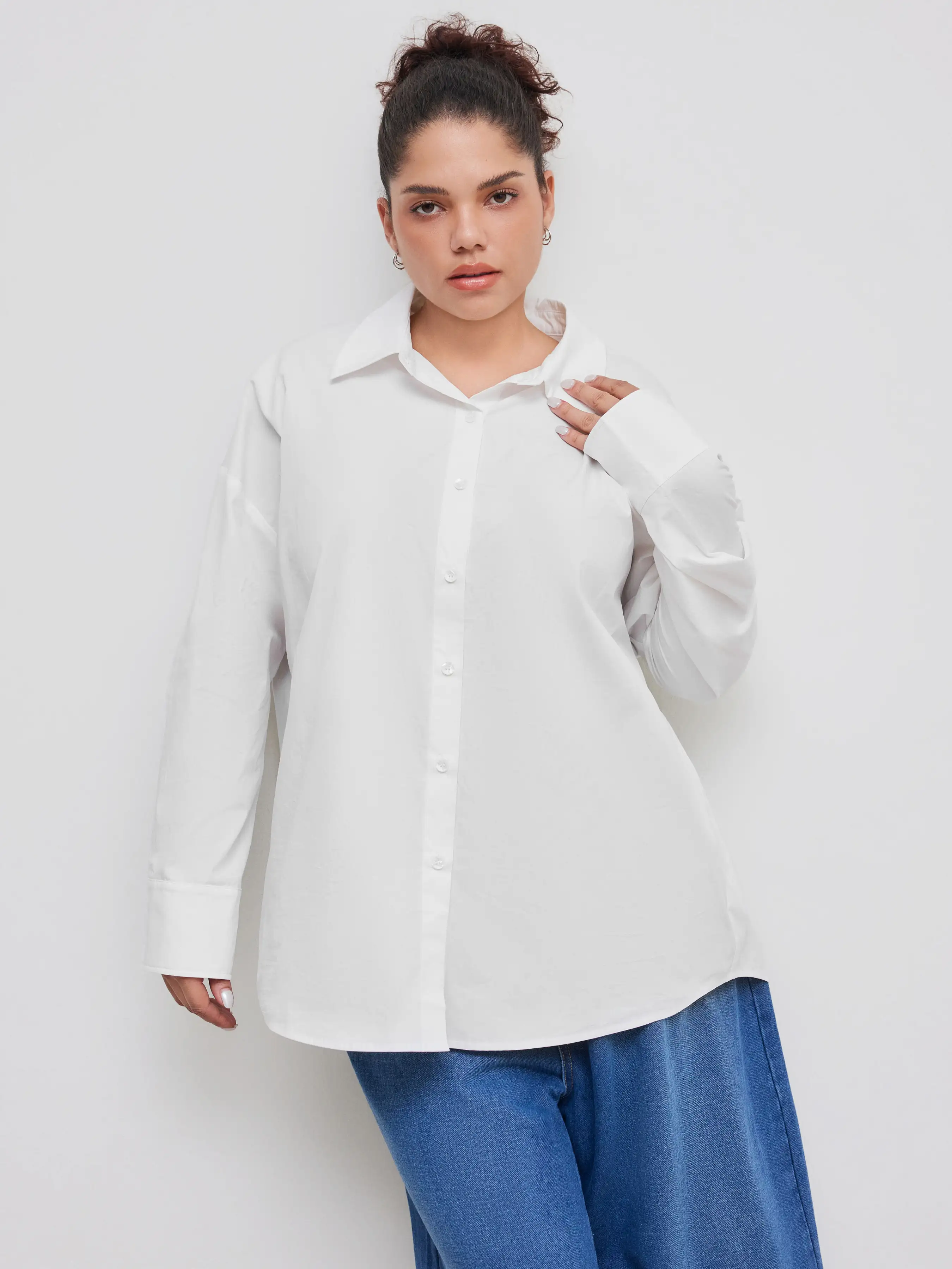 100% Cotton Collar Solid Button Long Sleeve Oversized Shirt Curve & Plus