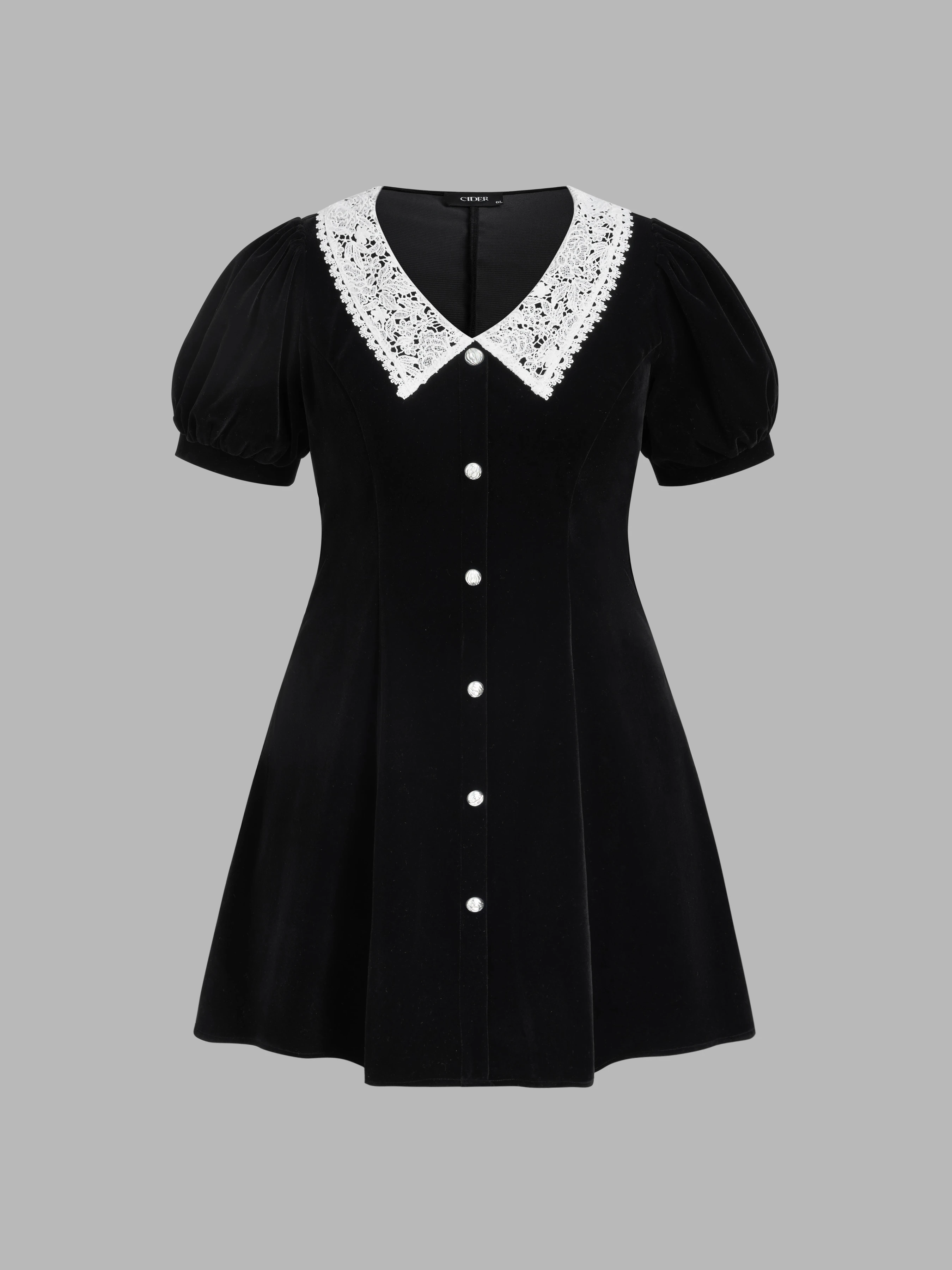 Velvet V-neck Solid Button Mini Dress Curve & Plus