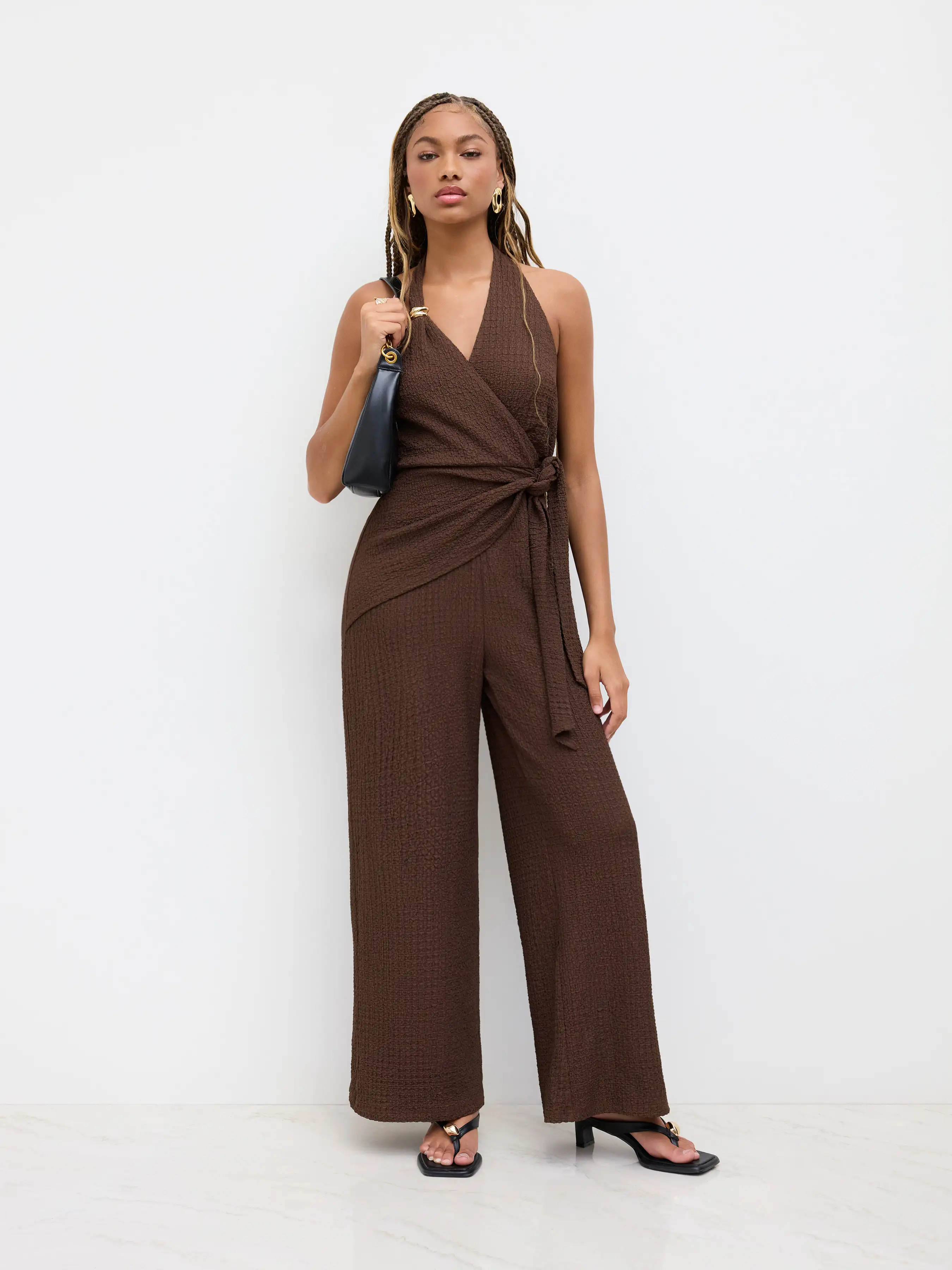 Halter Neckline Metal Detail Knotted Texture Jumpsuit