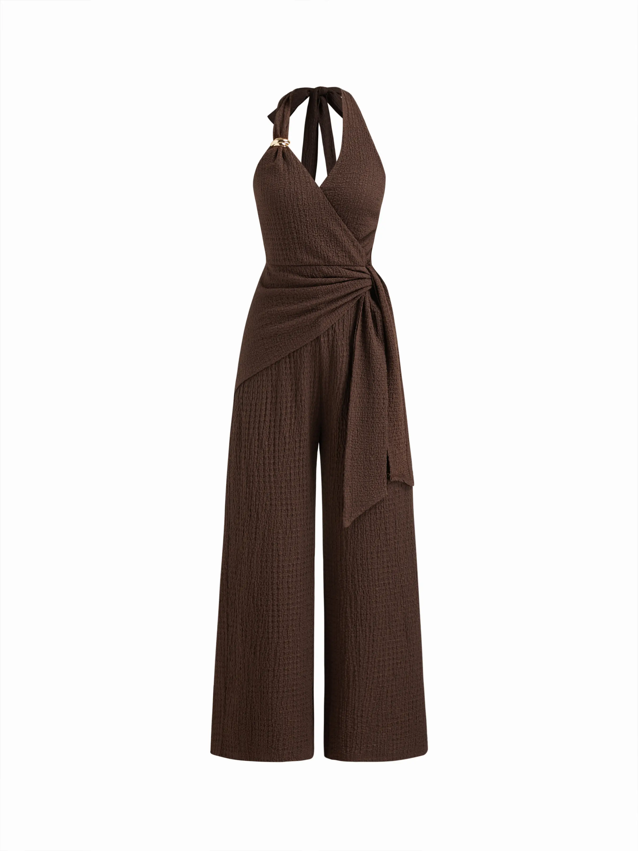 Halter Neckline Metal Detail Knotted Texture Jumpsuit