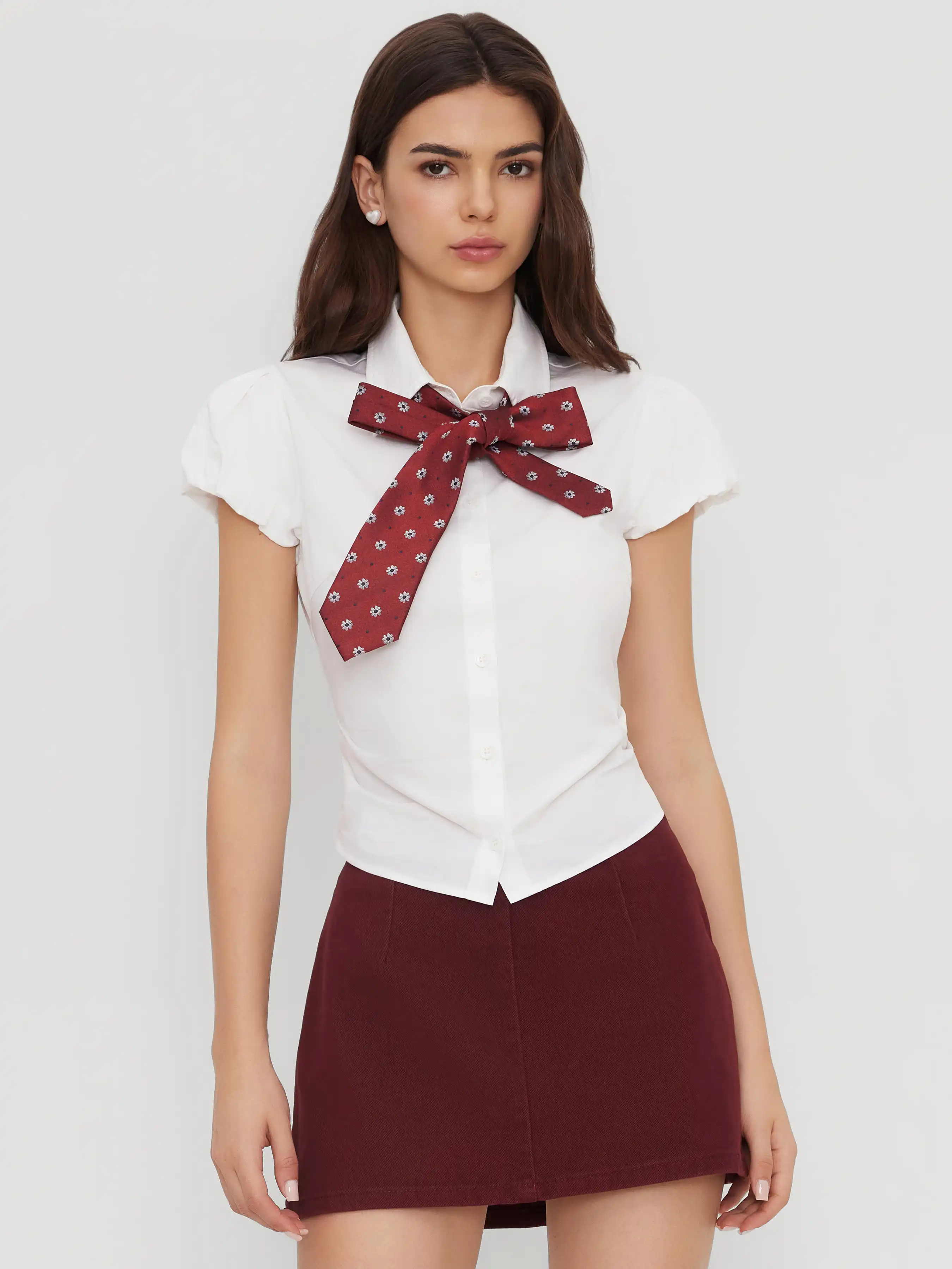 100% Cotton Collar Ruched Puff Sleeve Shirt