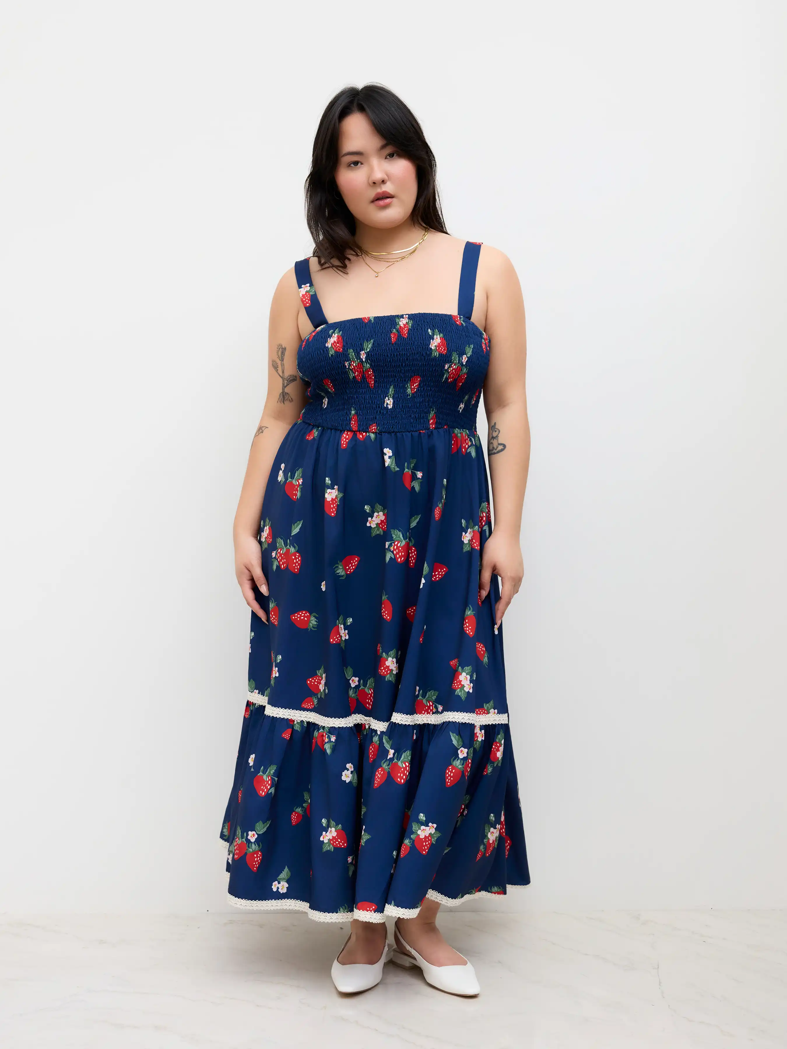 Square Neck Strawberry Shirred Tiered Maxi Dress Curve & Plus