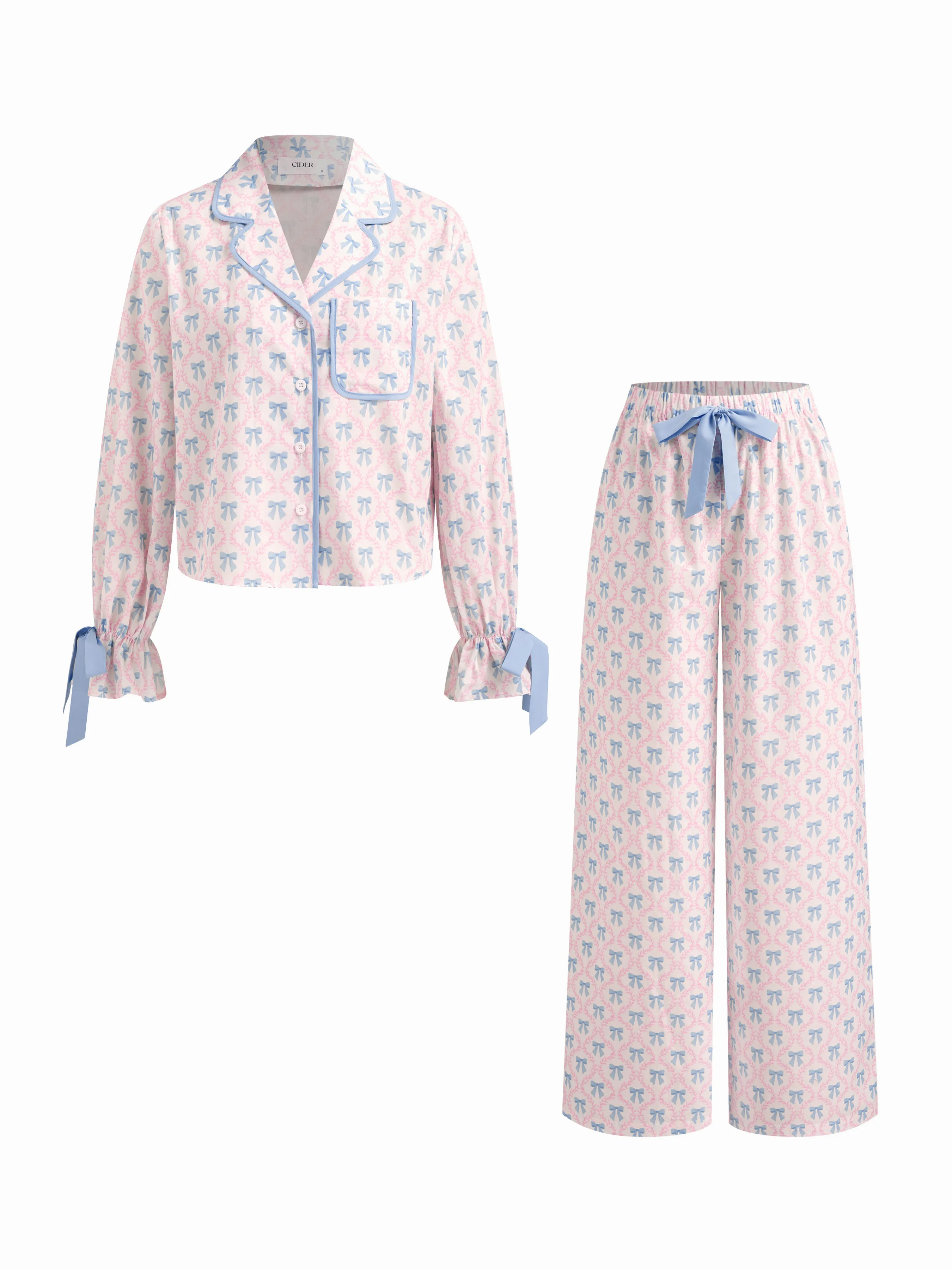 Cotton Bowknot Graphic Knotted Oversized Top & Mid Rise Straight Leg Trousers Loungewear Set