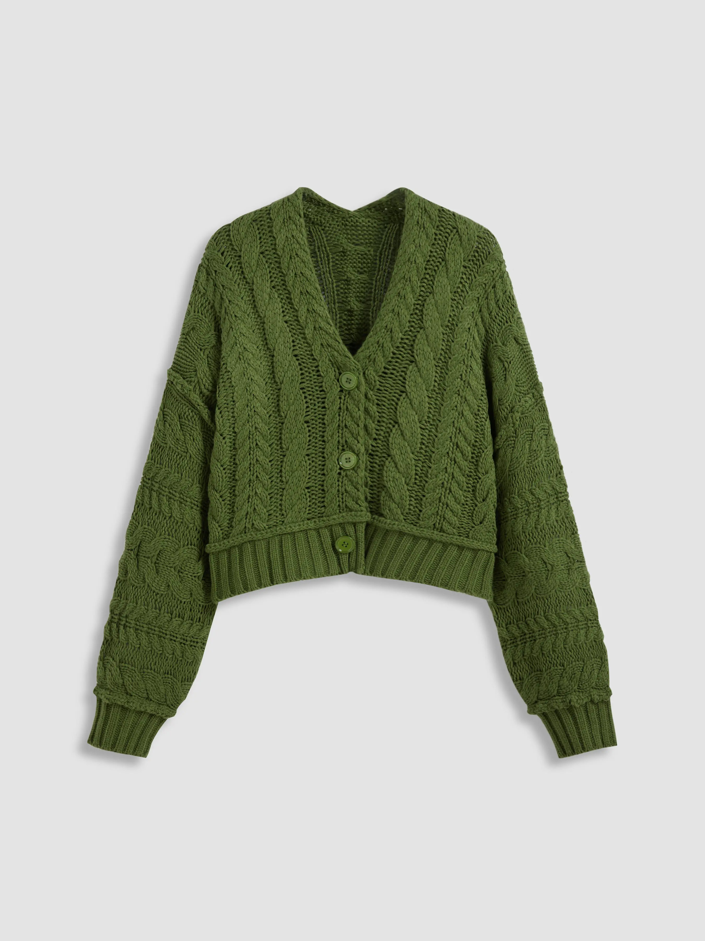 Cable Knit V-neck Solid Button Cardigan