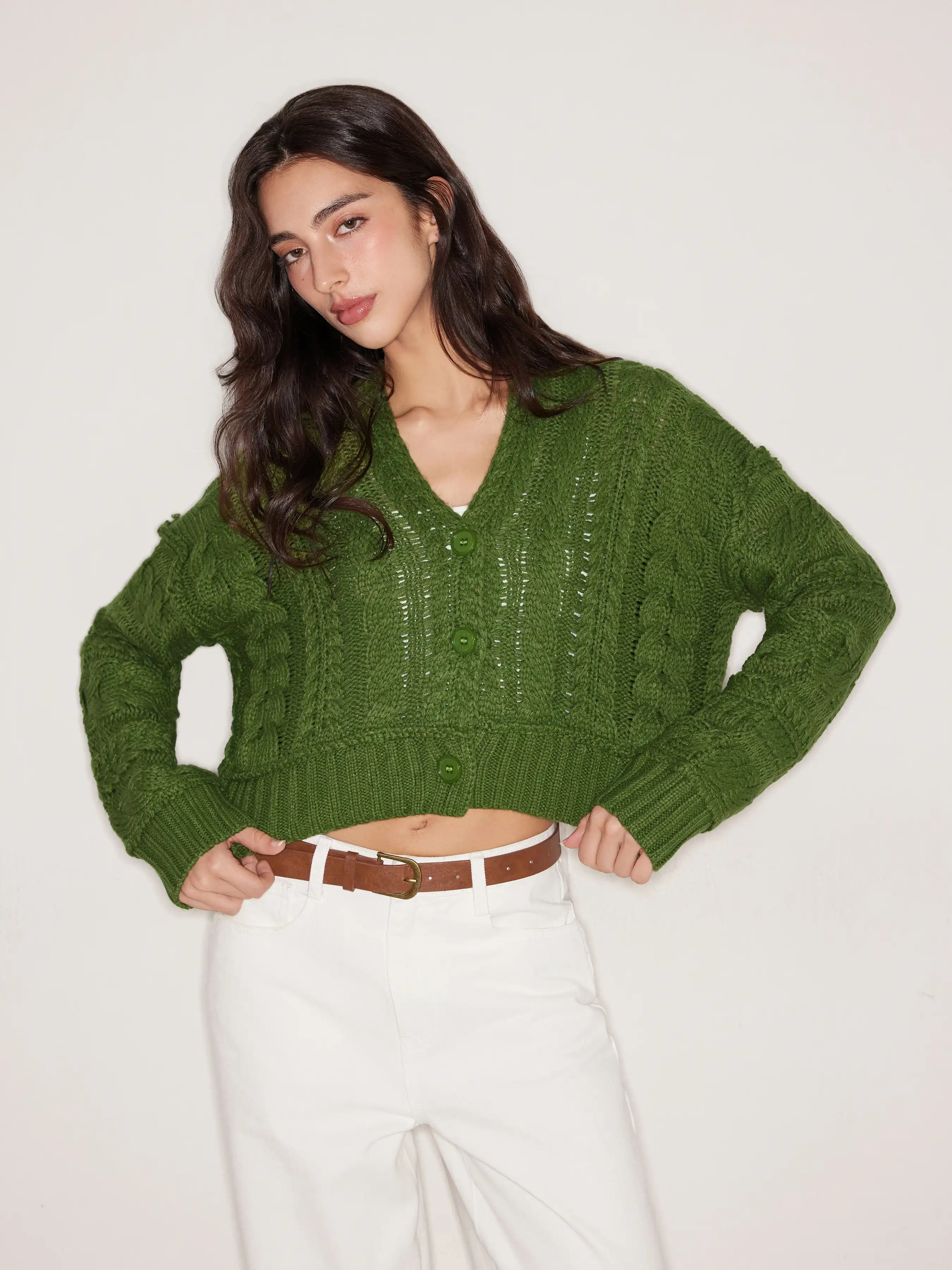 Cable Knit V-neck Solid Button Cardigan