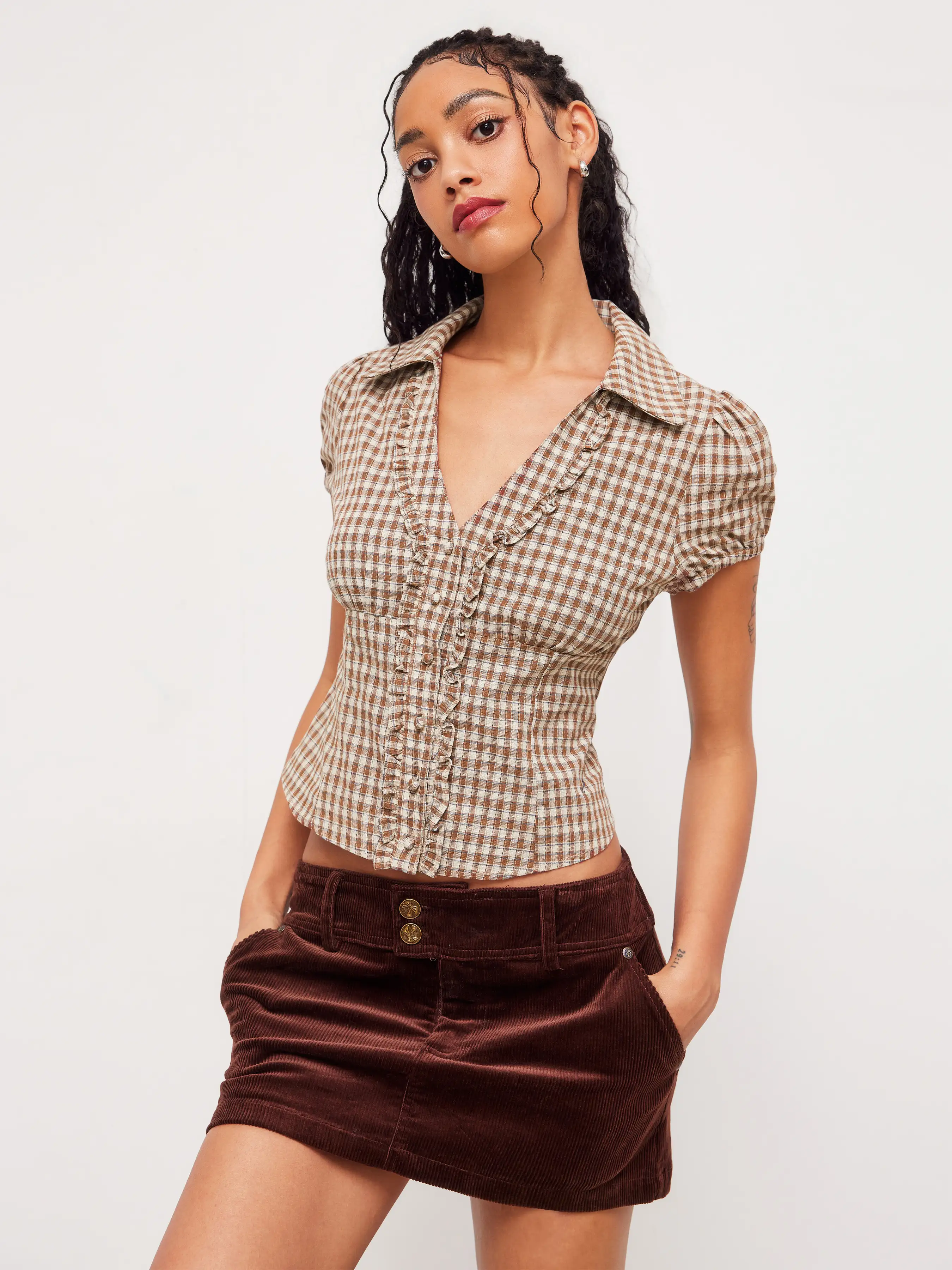 Cotton V-neck Check Button Short Sleeve Blouse