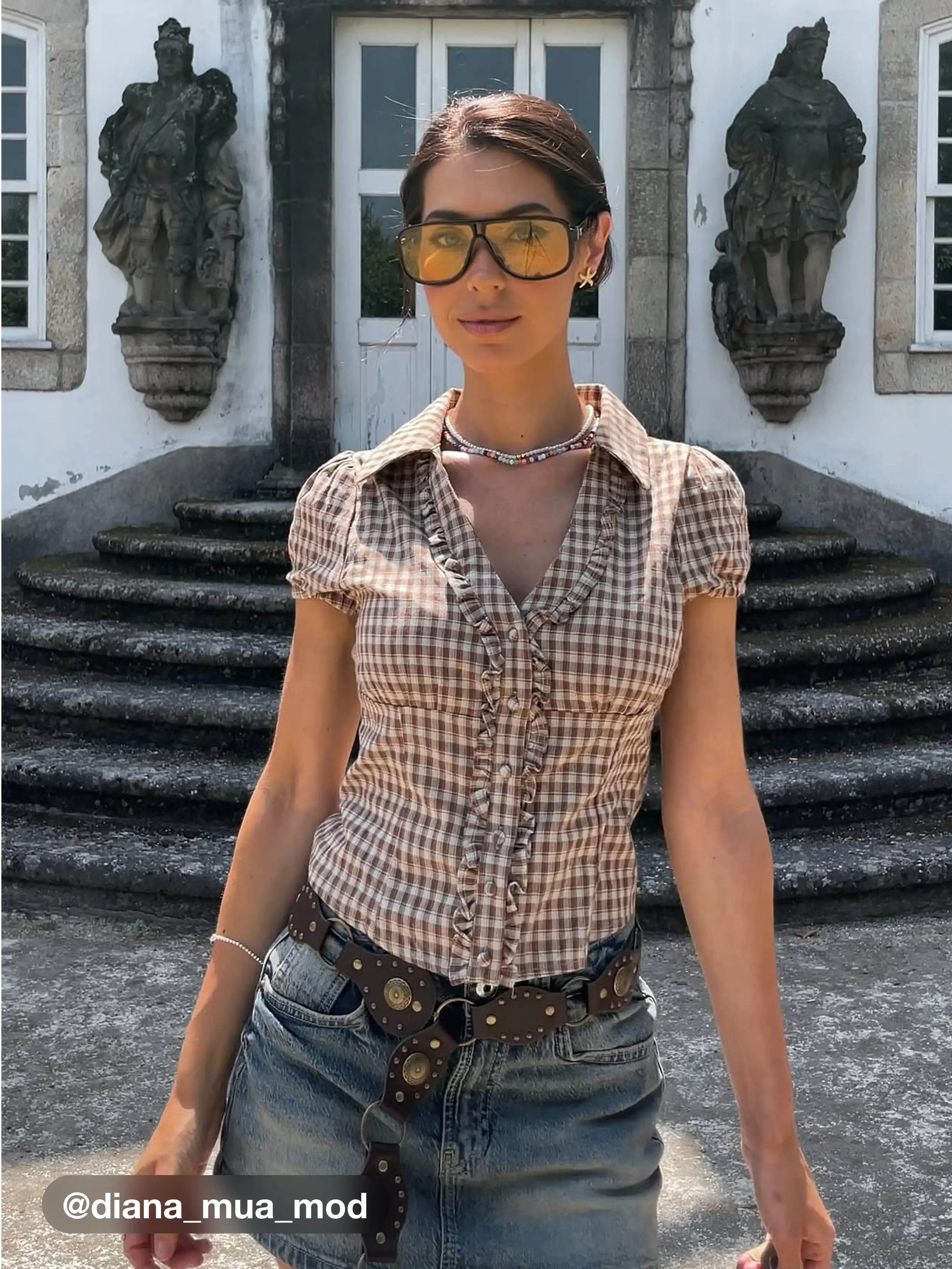 Cotton V-neck Check Button Short Sleeve Blouse