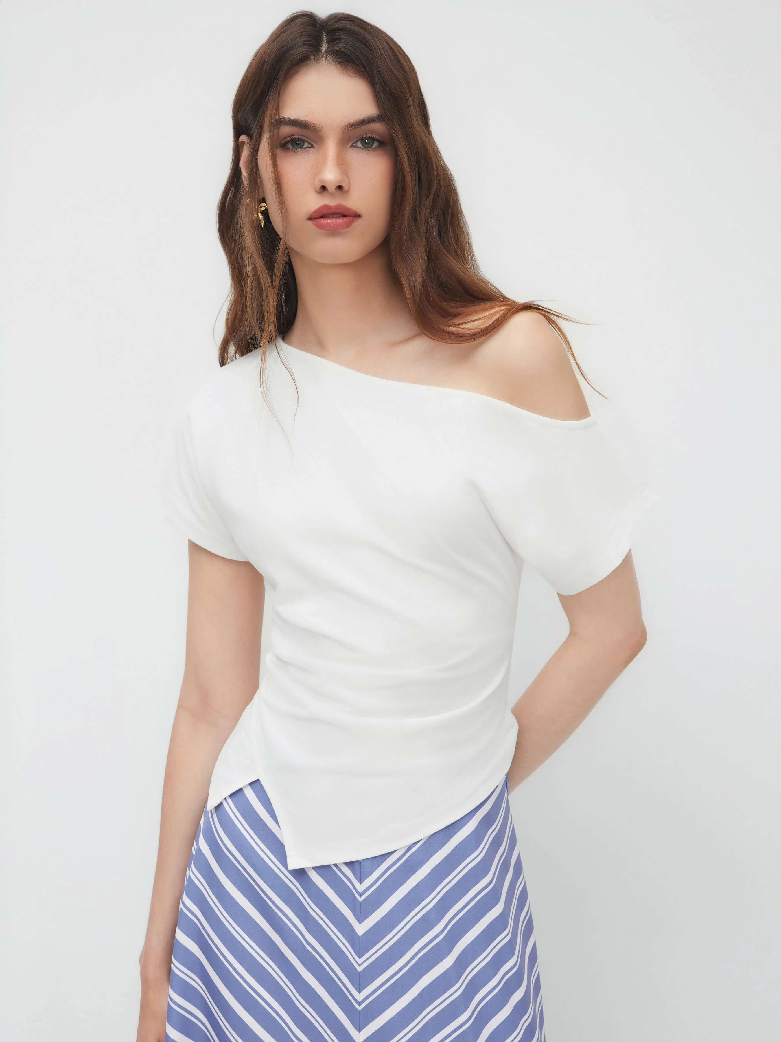 Cotton-blend Asymmetrical Neck Ruched Tee