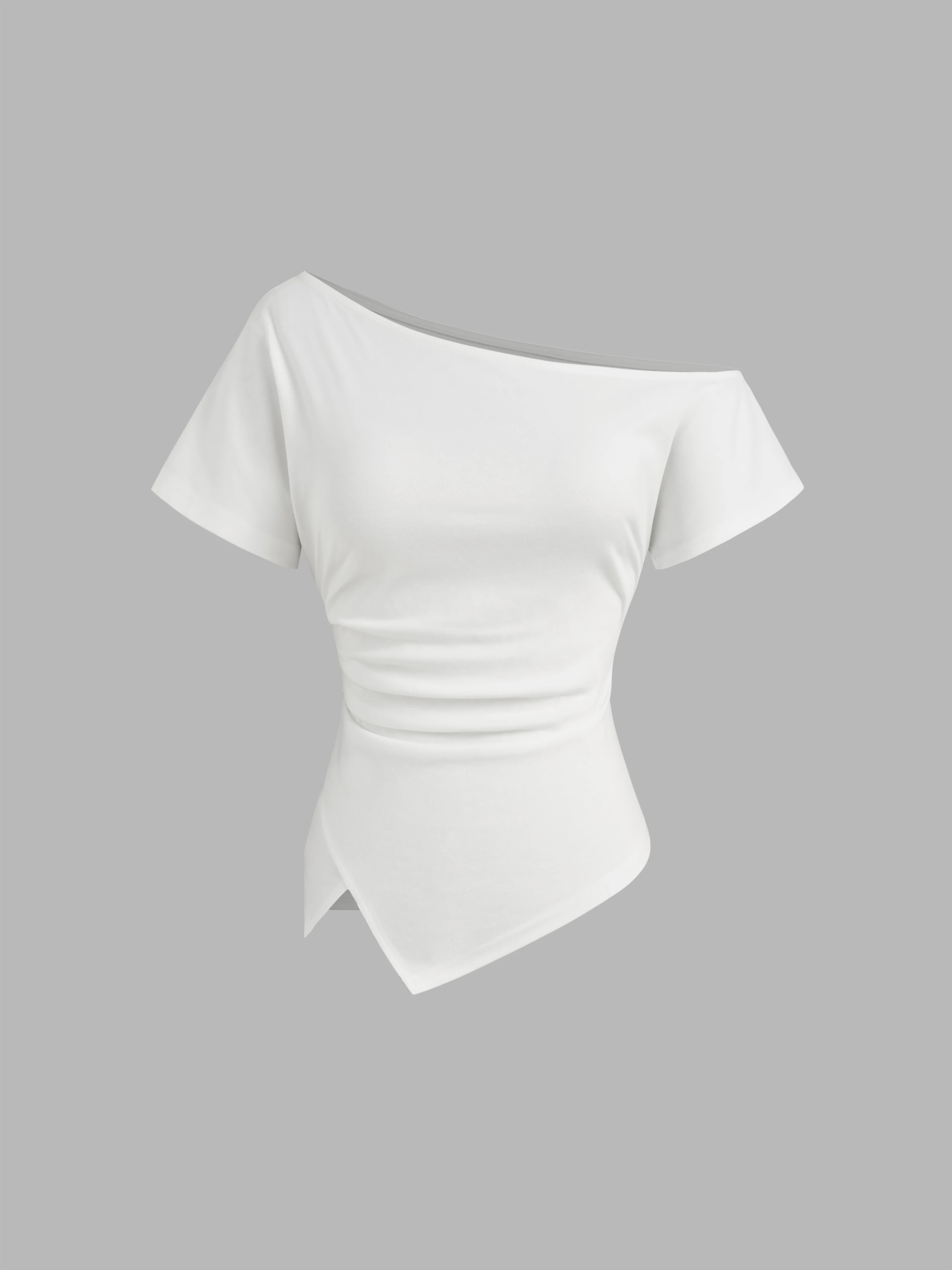 Cotton-blend Asymmetrical Neck Ruched Tee