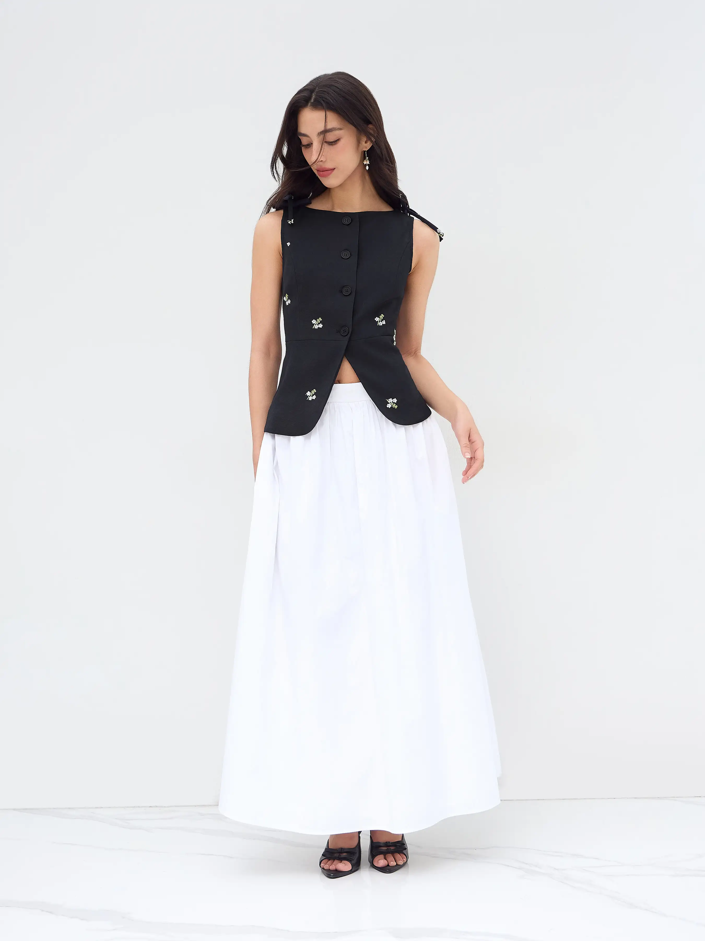 Floral Embroidery Bowknot Blazer Vest