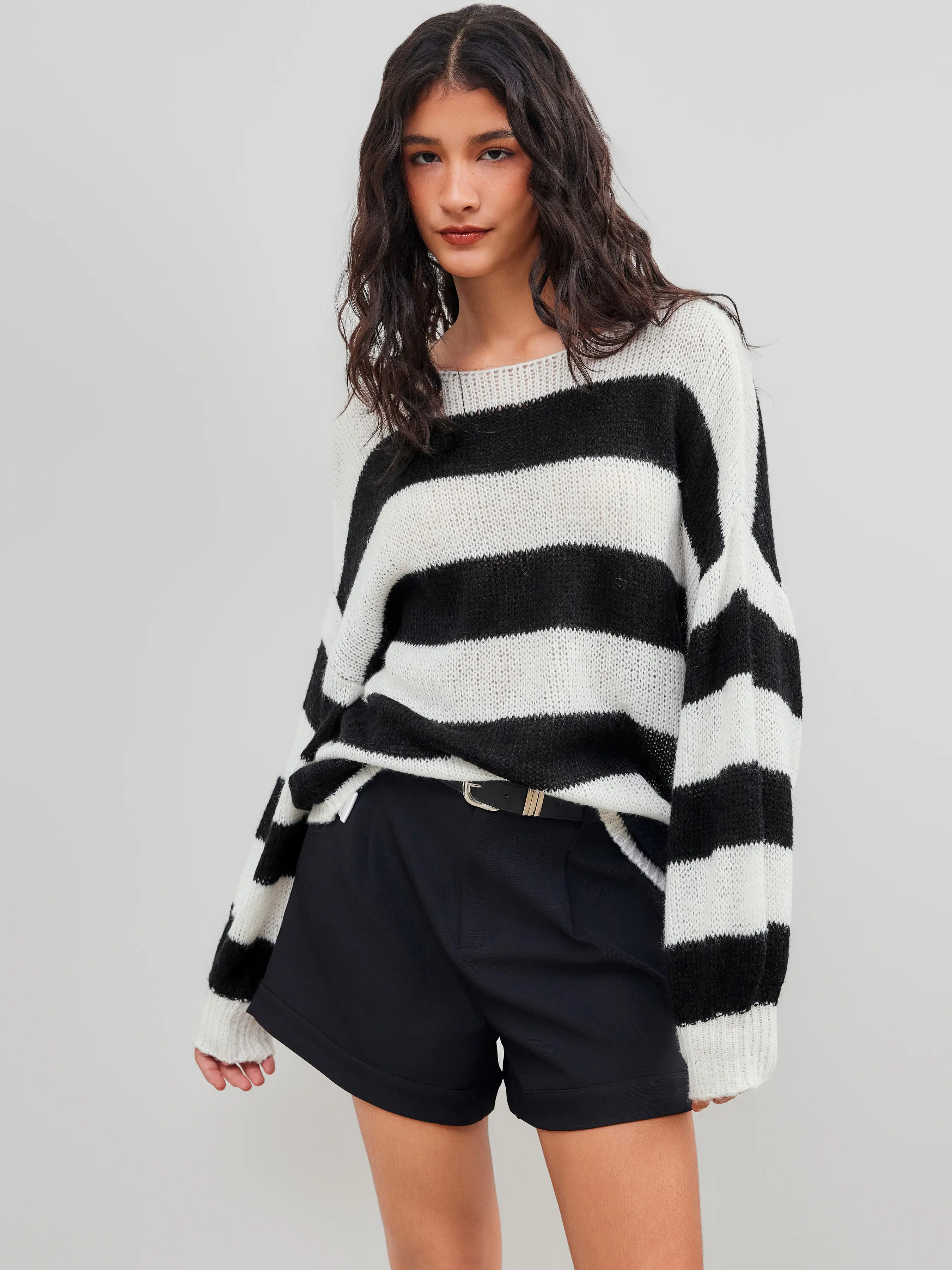 Knit Boat Neckline Striped Long Sleeve Top