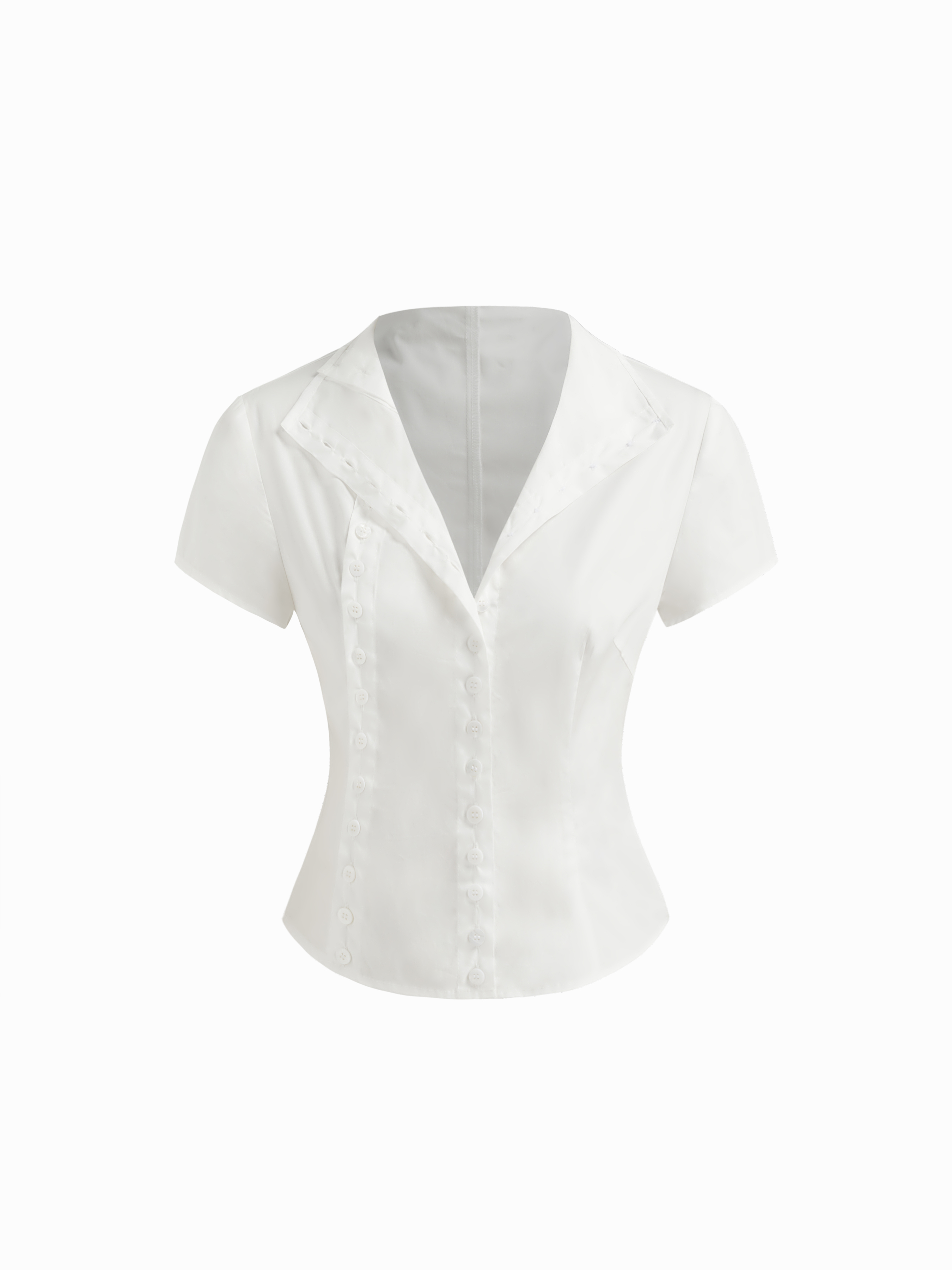 100% Cotton Asymmetrical Neck Button Curved Hem Short Sleeve Blouse
