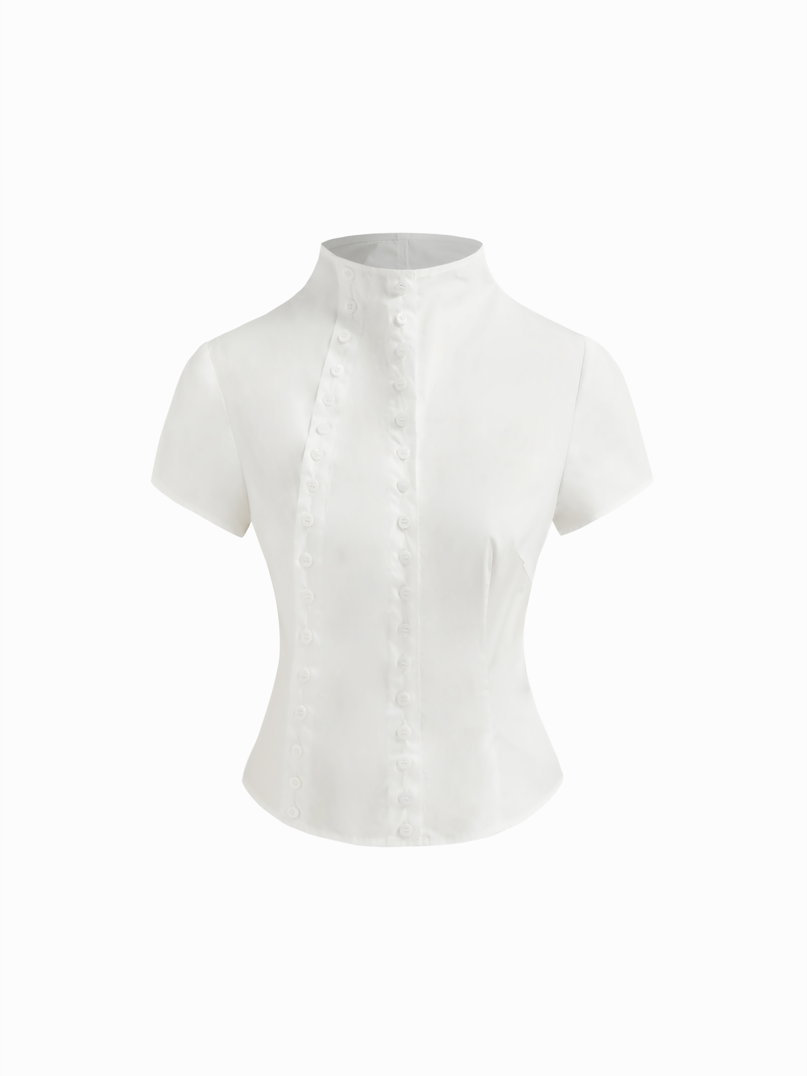 100% Cotton Asymmetrical Neck Button Curved Hem Short Sleeve Blouse