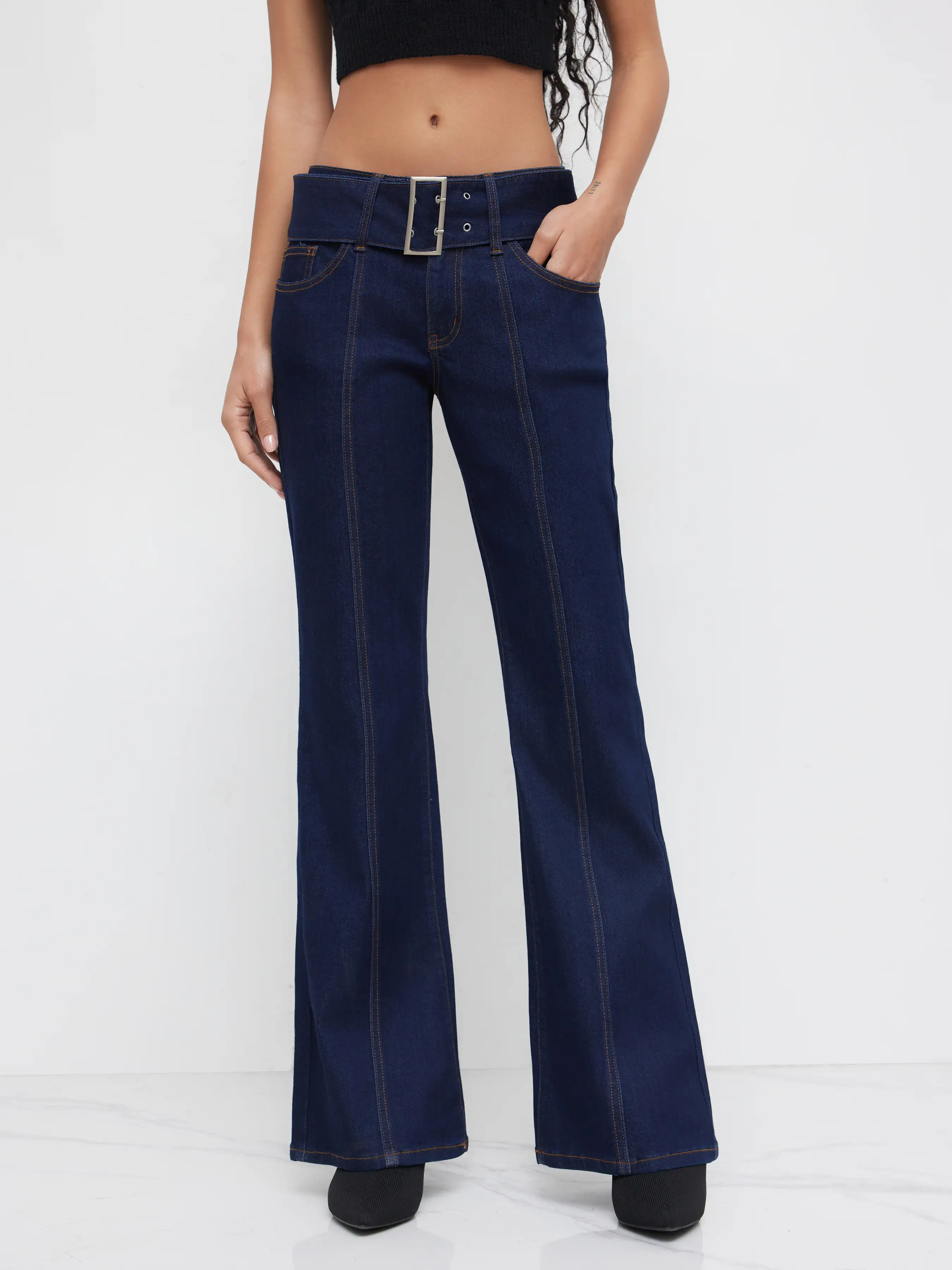 Denim High Stretch Low Rise Bootcut Jeans With Belt