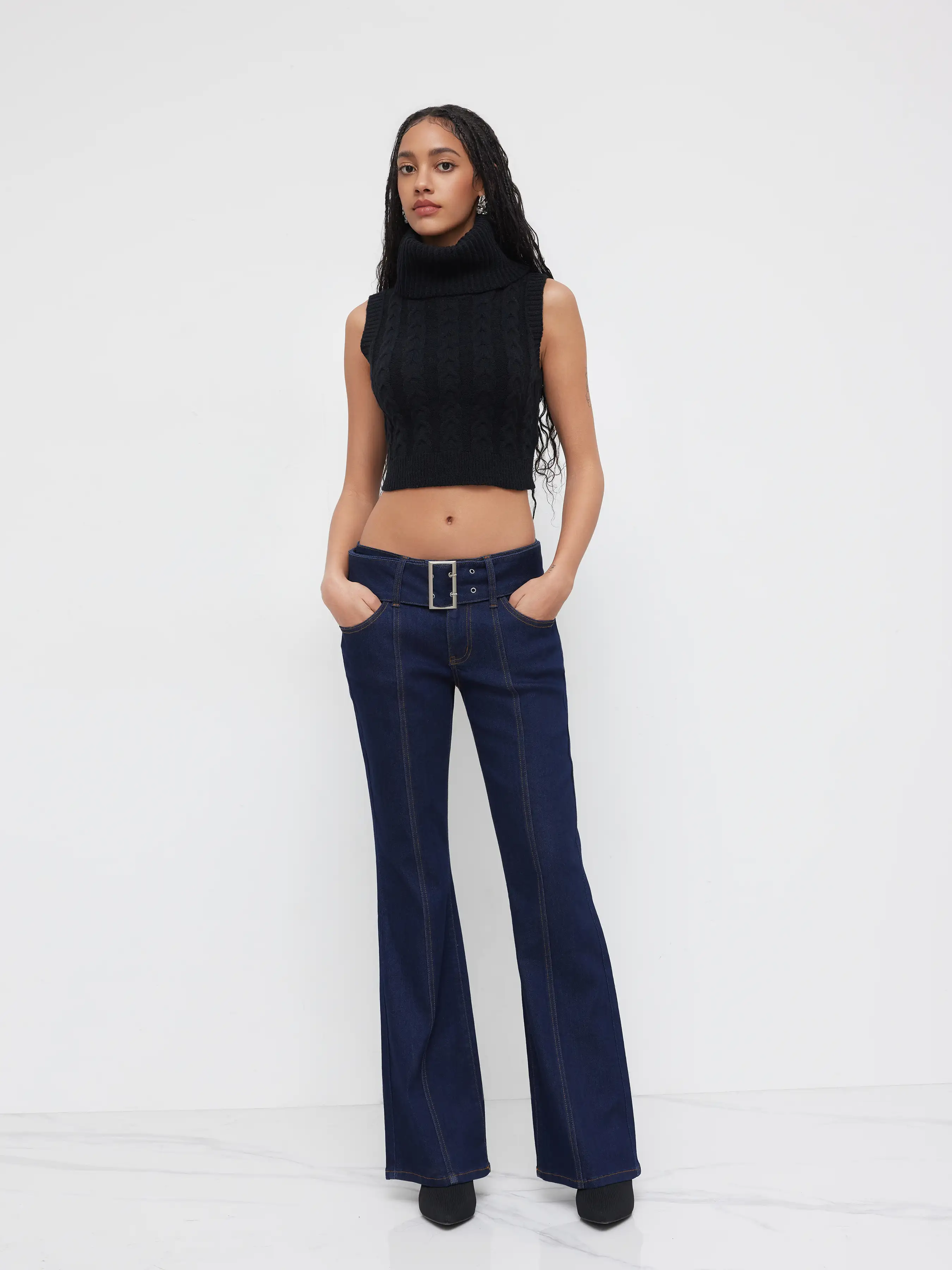 Denim High Stretch Low Rise Bootcut Jeans With Belt