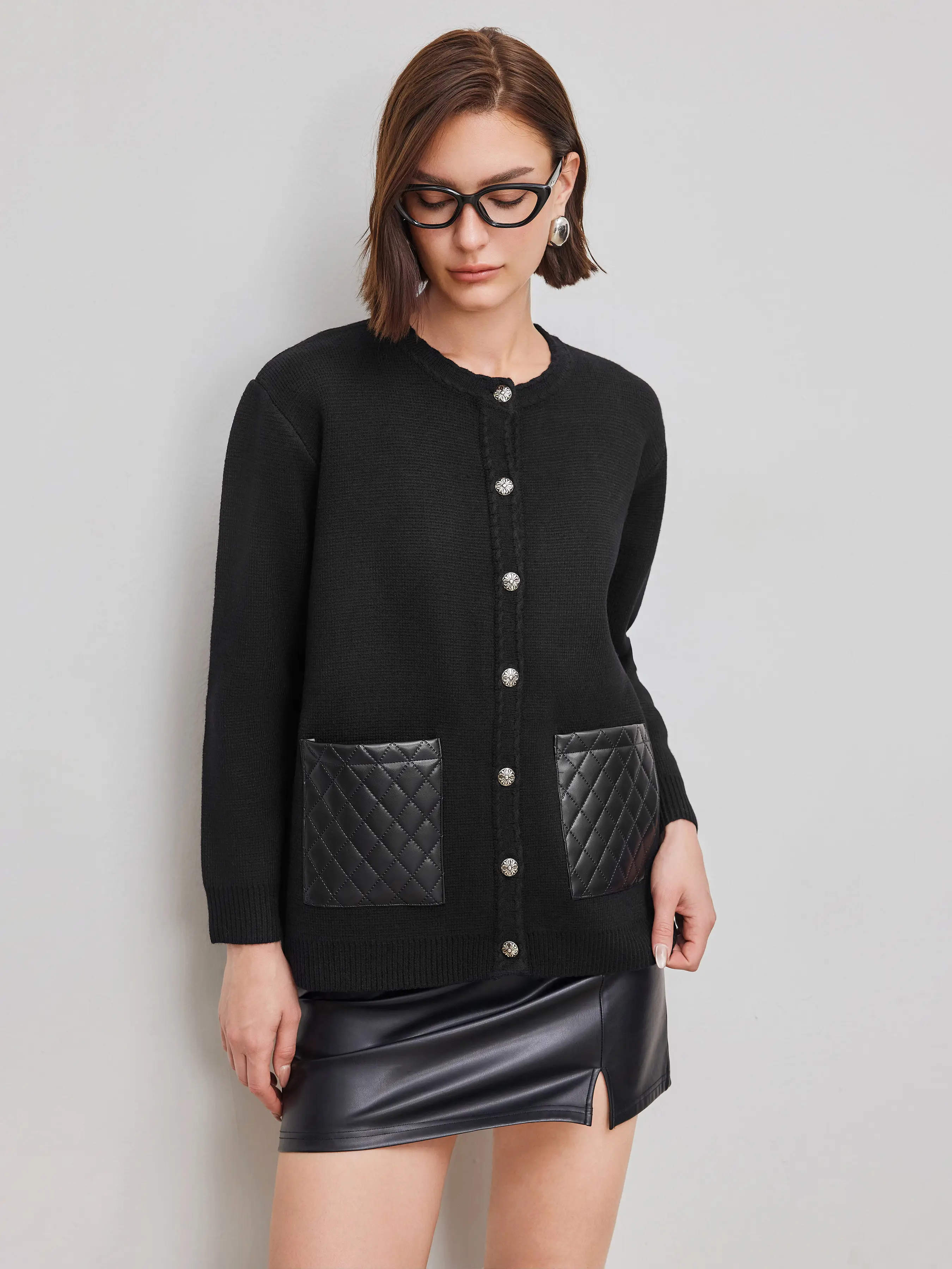 Knit Faux Leather Pocket Oversized Cardigan
