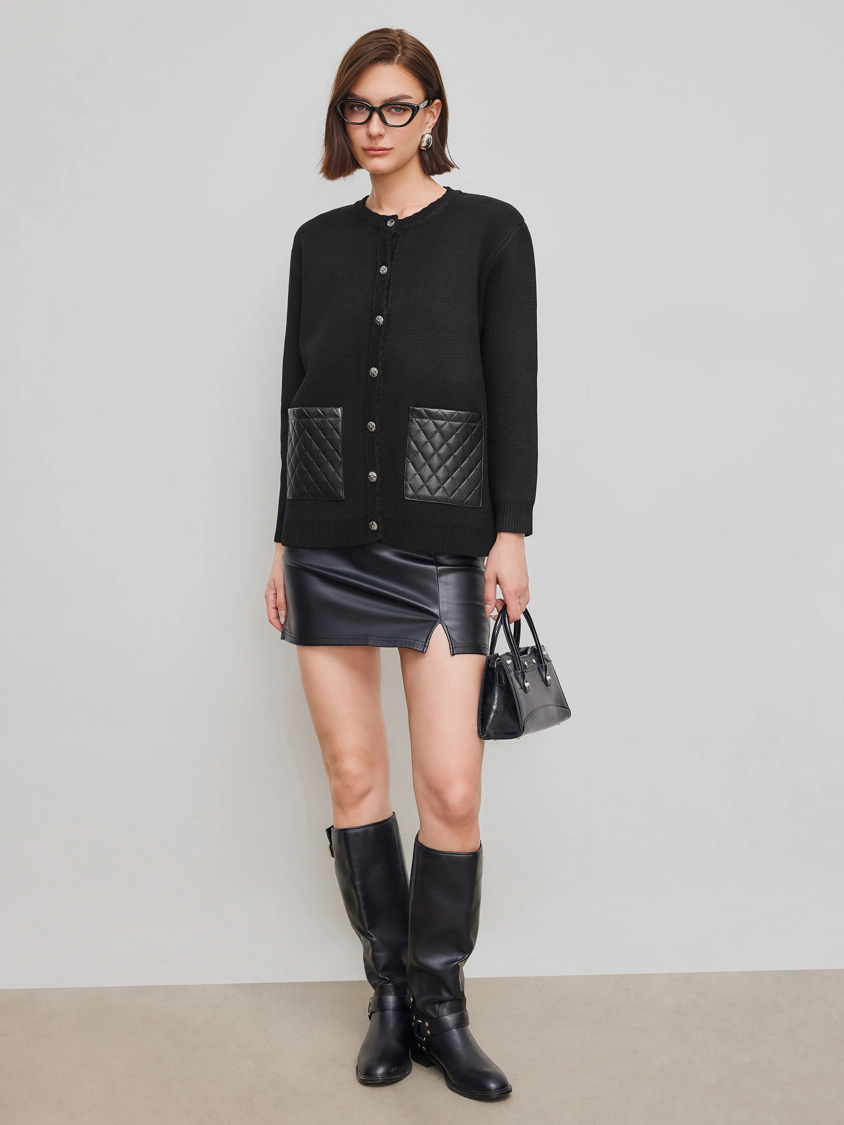 Knit Faux Leather Pocket Oversized Cardigan
