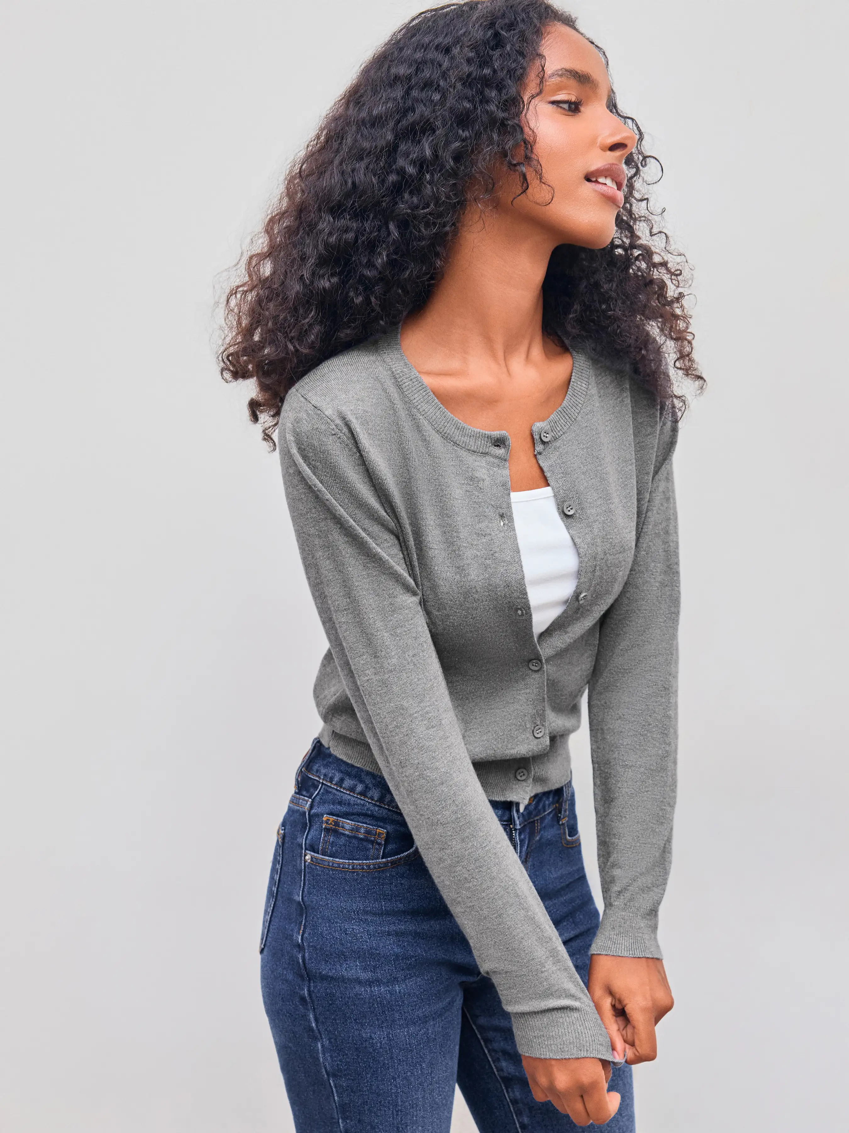 Knit Round Neckline Solid Button Cardigan