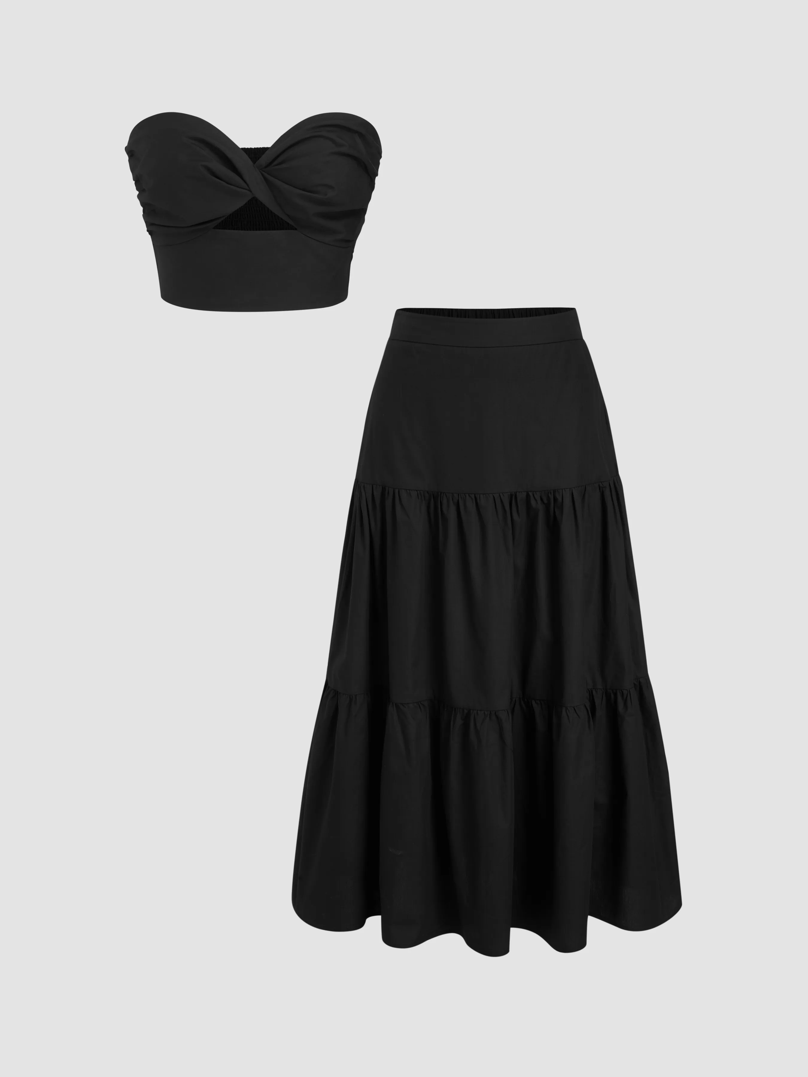 Cotton Twist Crop Bandeau Top & Mid Rise Tiered Maxi Skirt Set