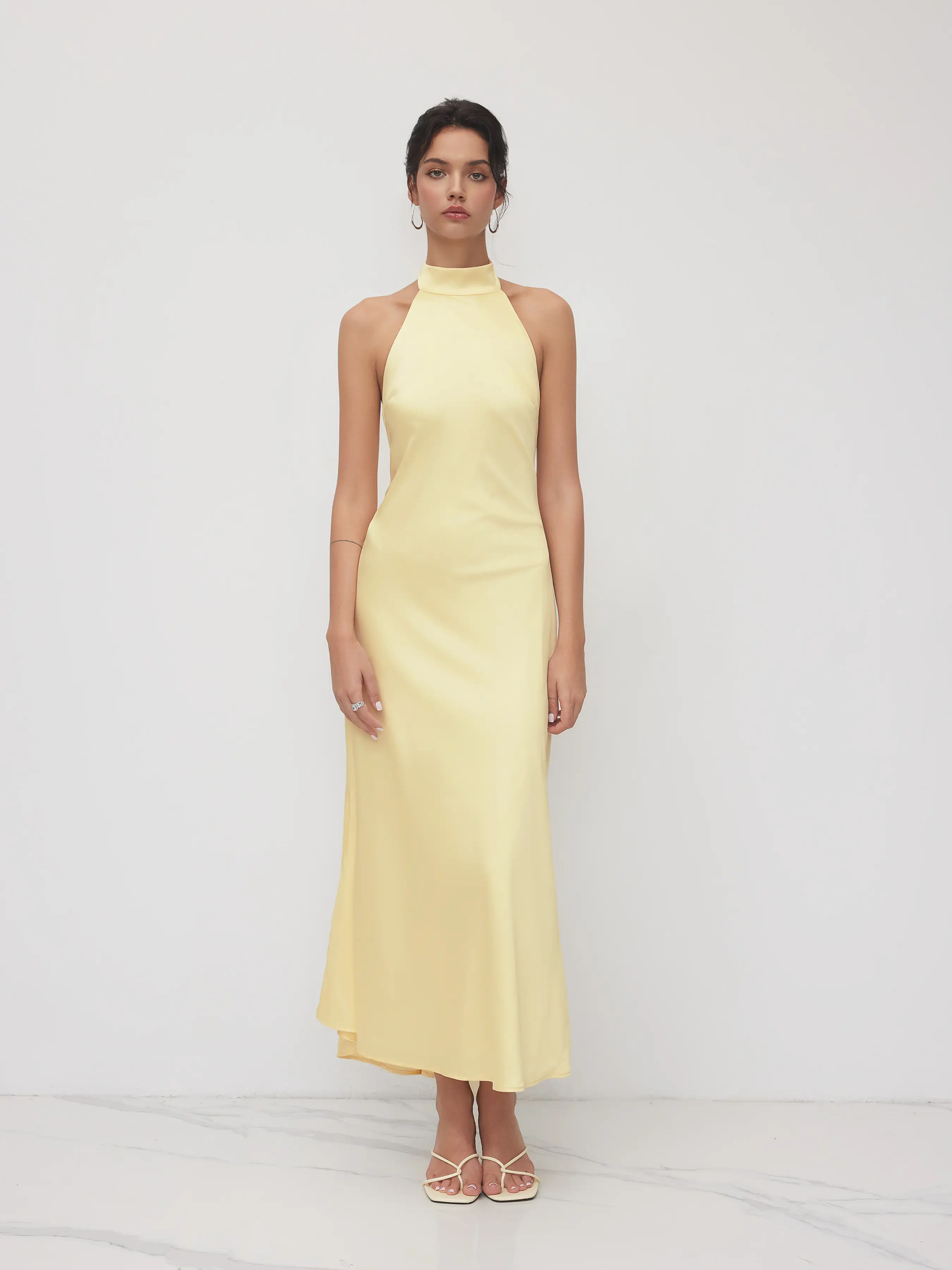 Satin Halter Neckline Backless Maxi Dress