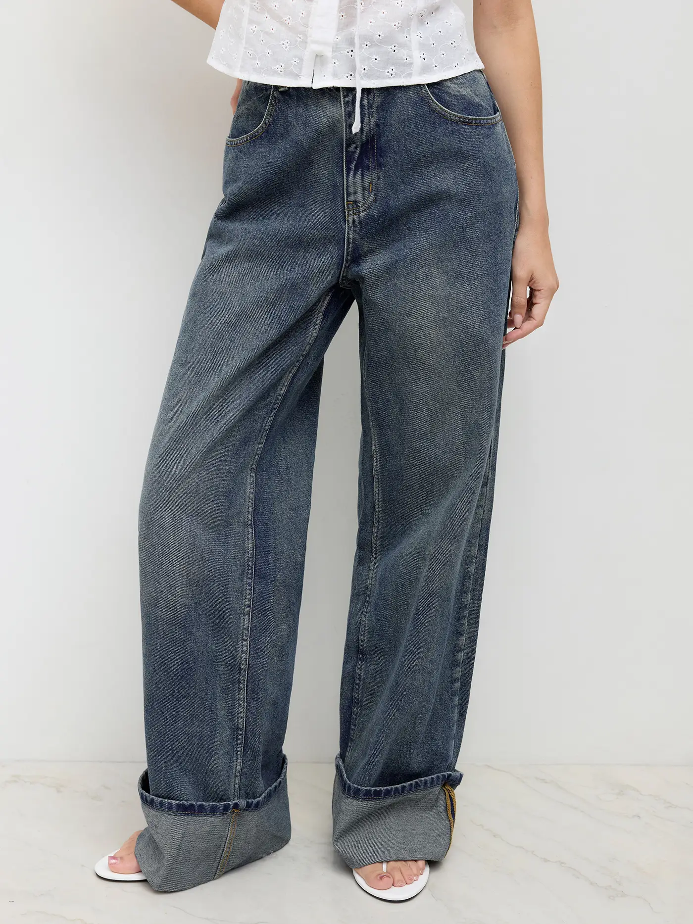 Middle Waist Solid Button Wide Leg Jeans