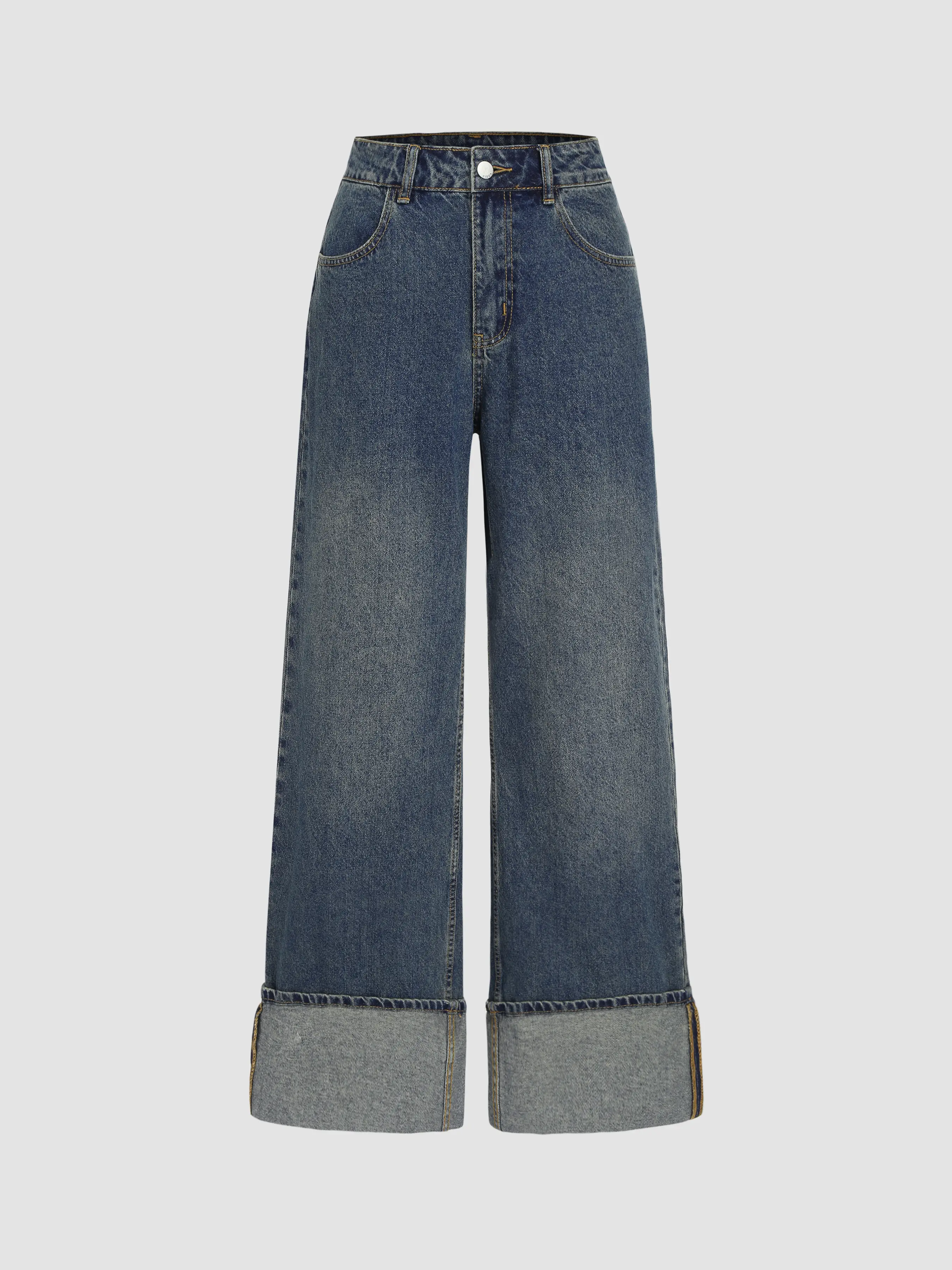Middle Waist Solid Button Wide Leg Jeans