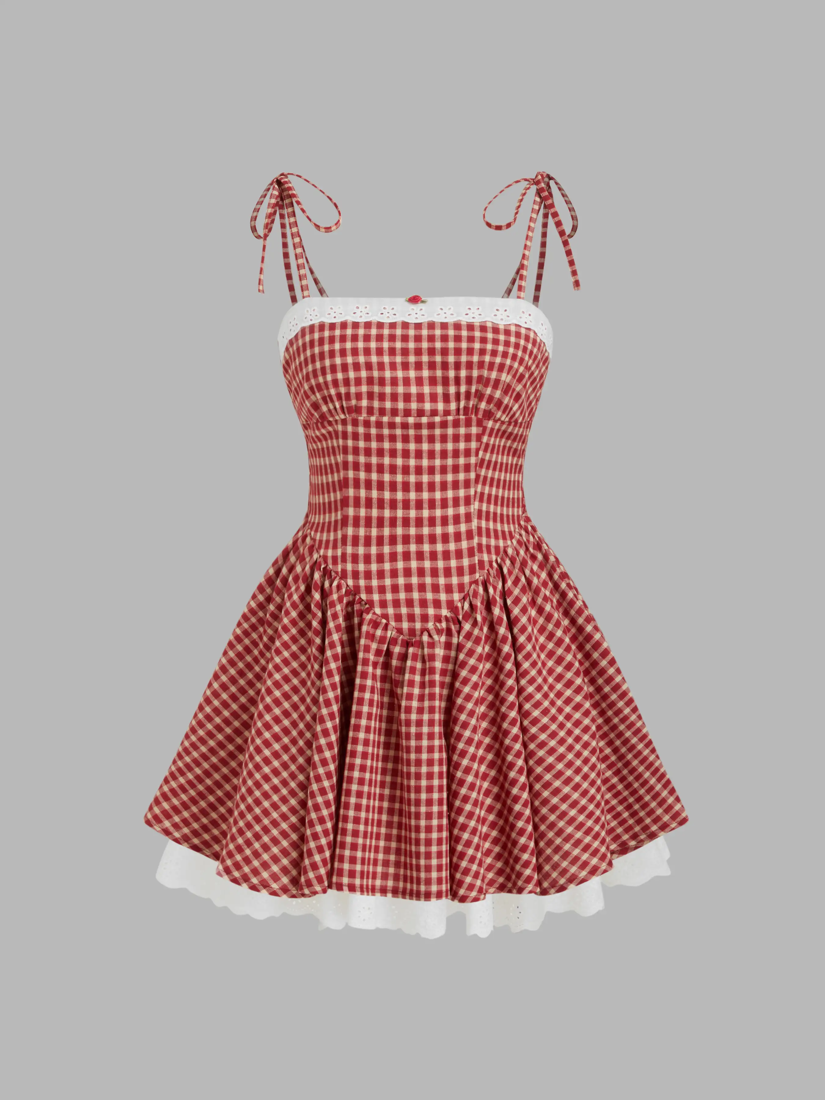Cotton-blend Gingham Broderie Anglaise Trim Shirred Ruffle Mini Dress