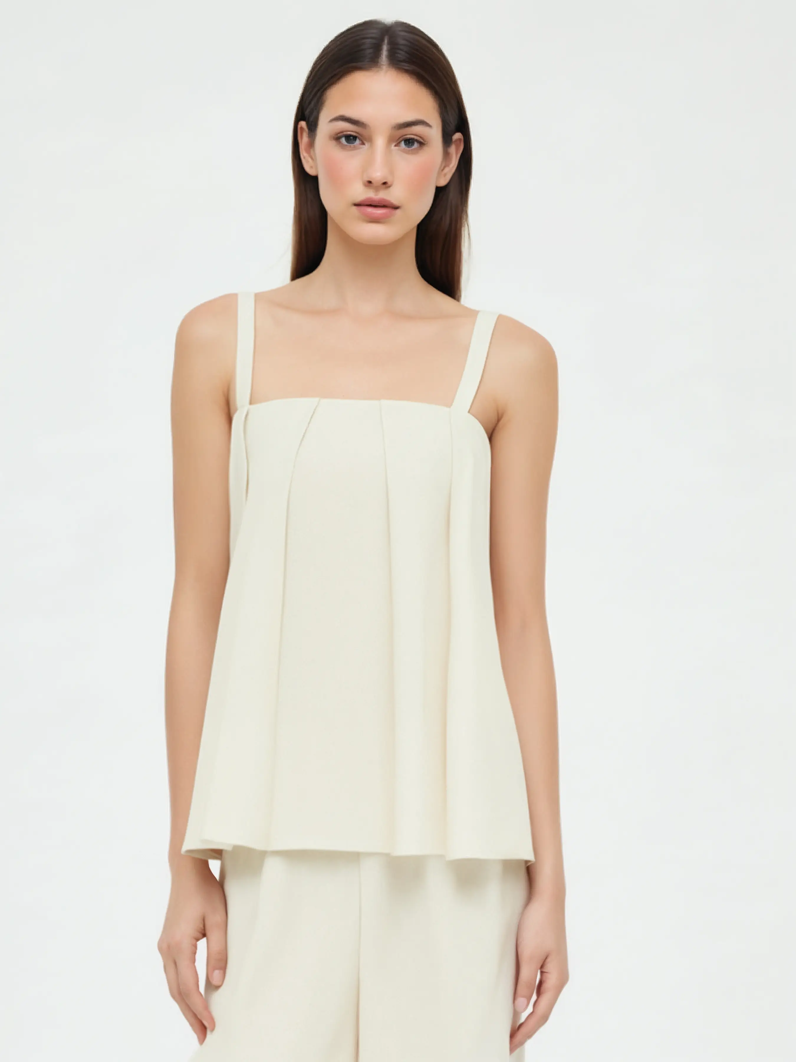 Linen-blend Pleated Cami Top & Mid Rise Elastic Waist Straight Leg Trousers Set