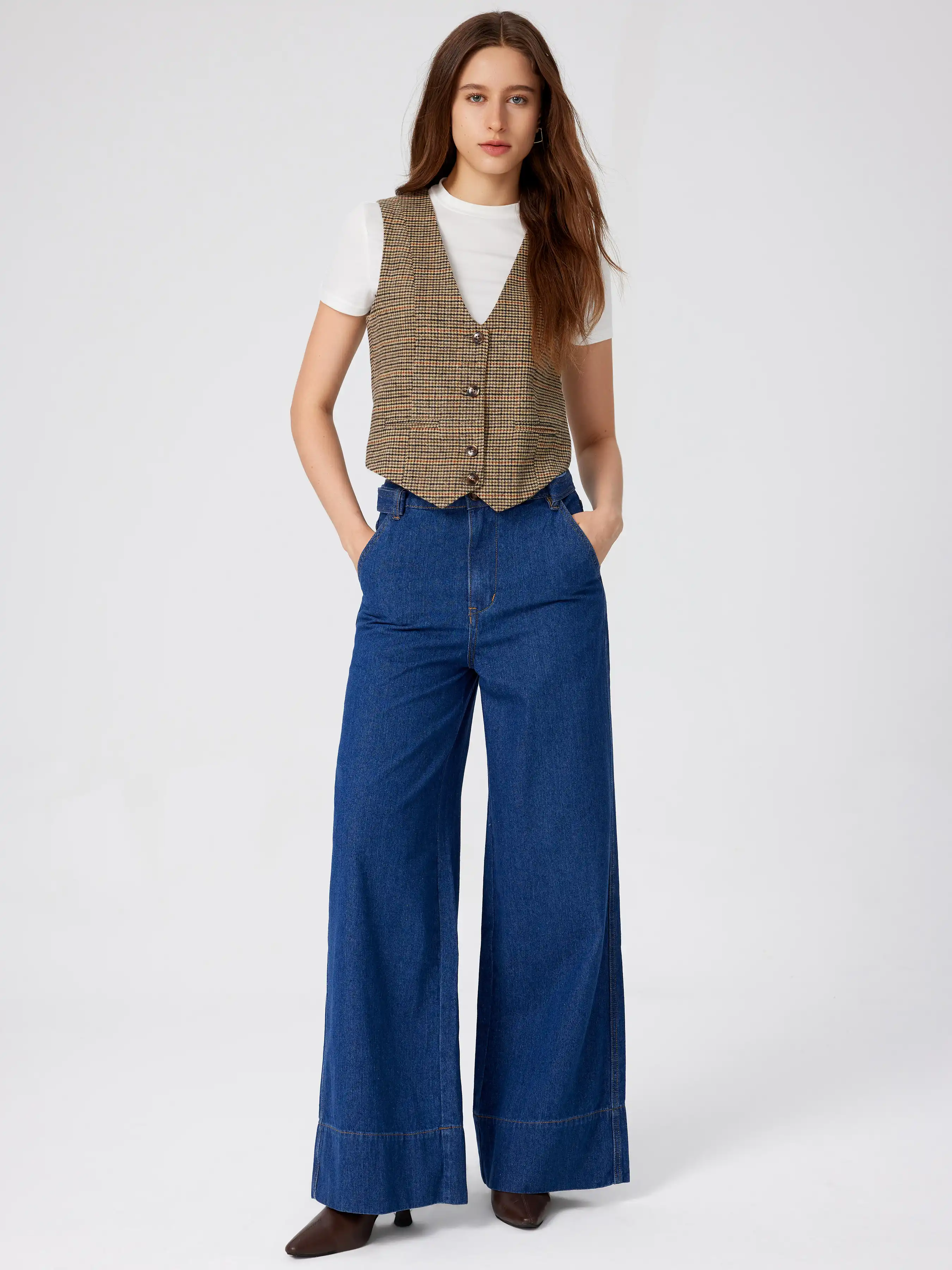 V-neck Check Button Blazer Vest