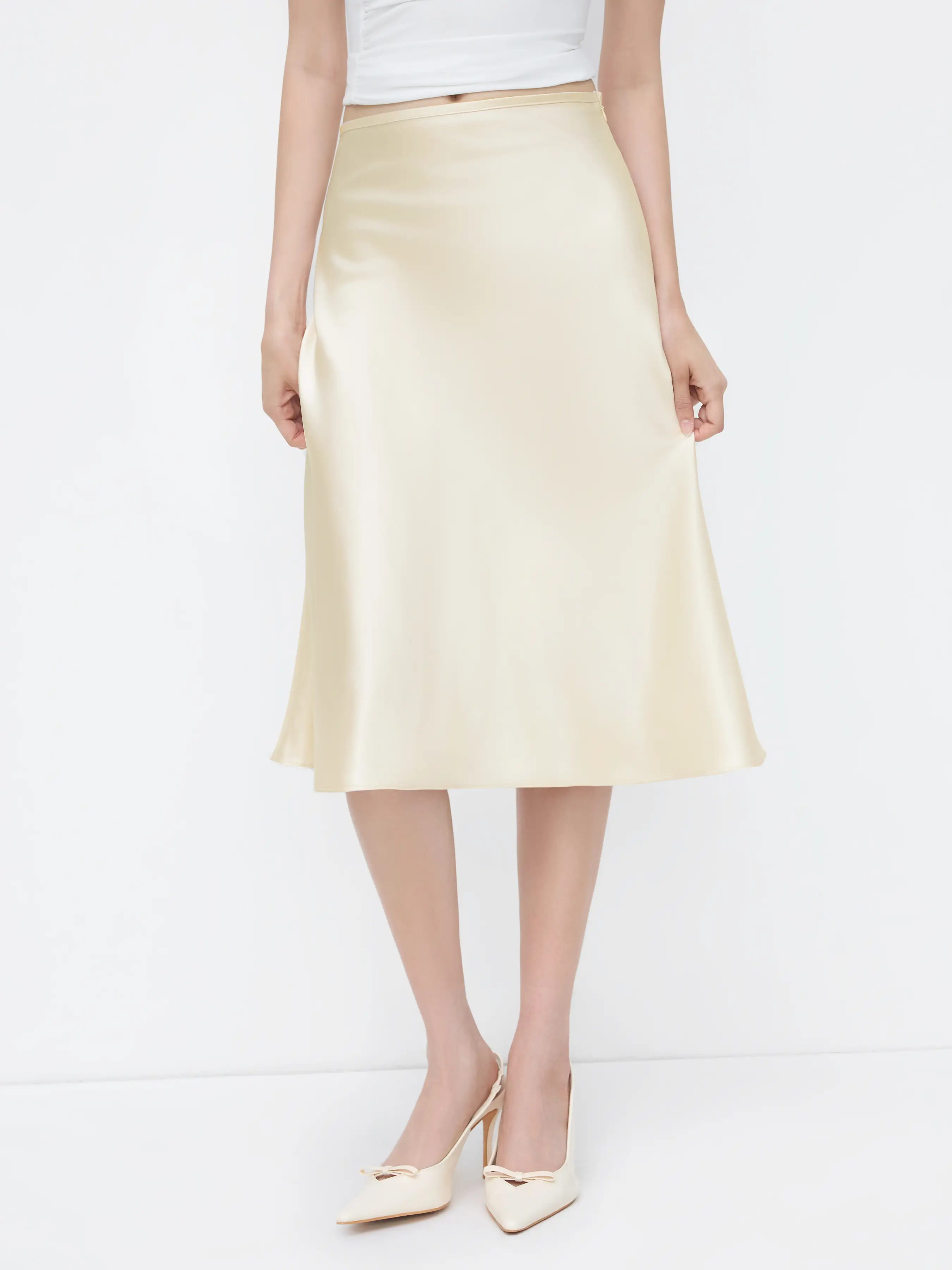 Petite Satin Ruffle Bias Cut Midi Skirt
