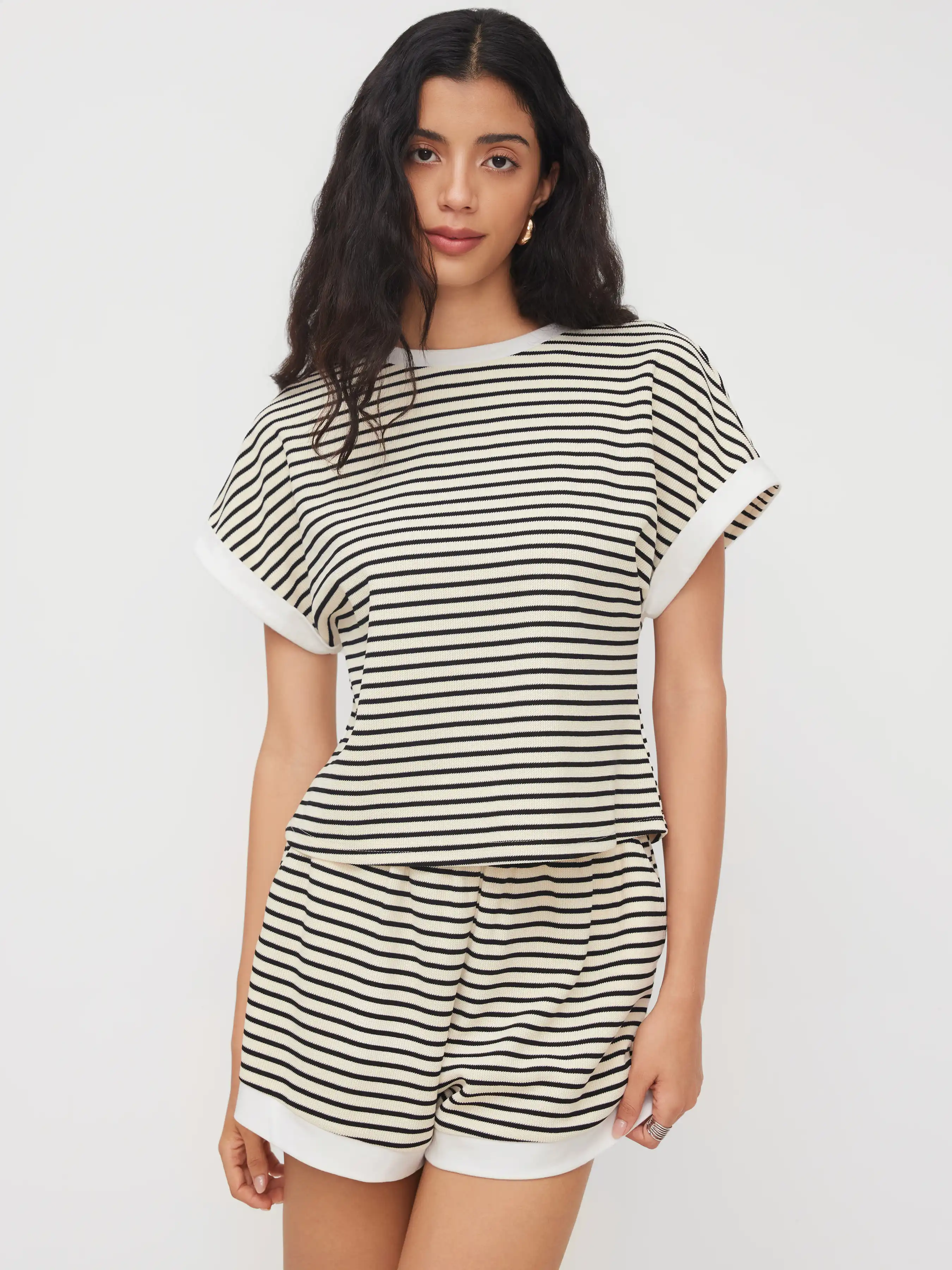Cotton-blend Stripe Contrasting Binding Tee & Elastic Waist Shorts Set
