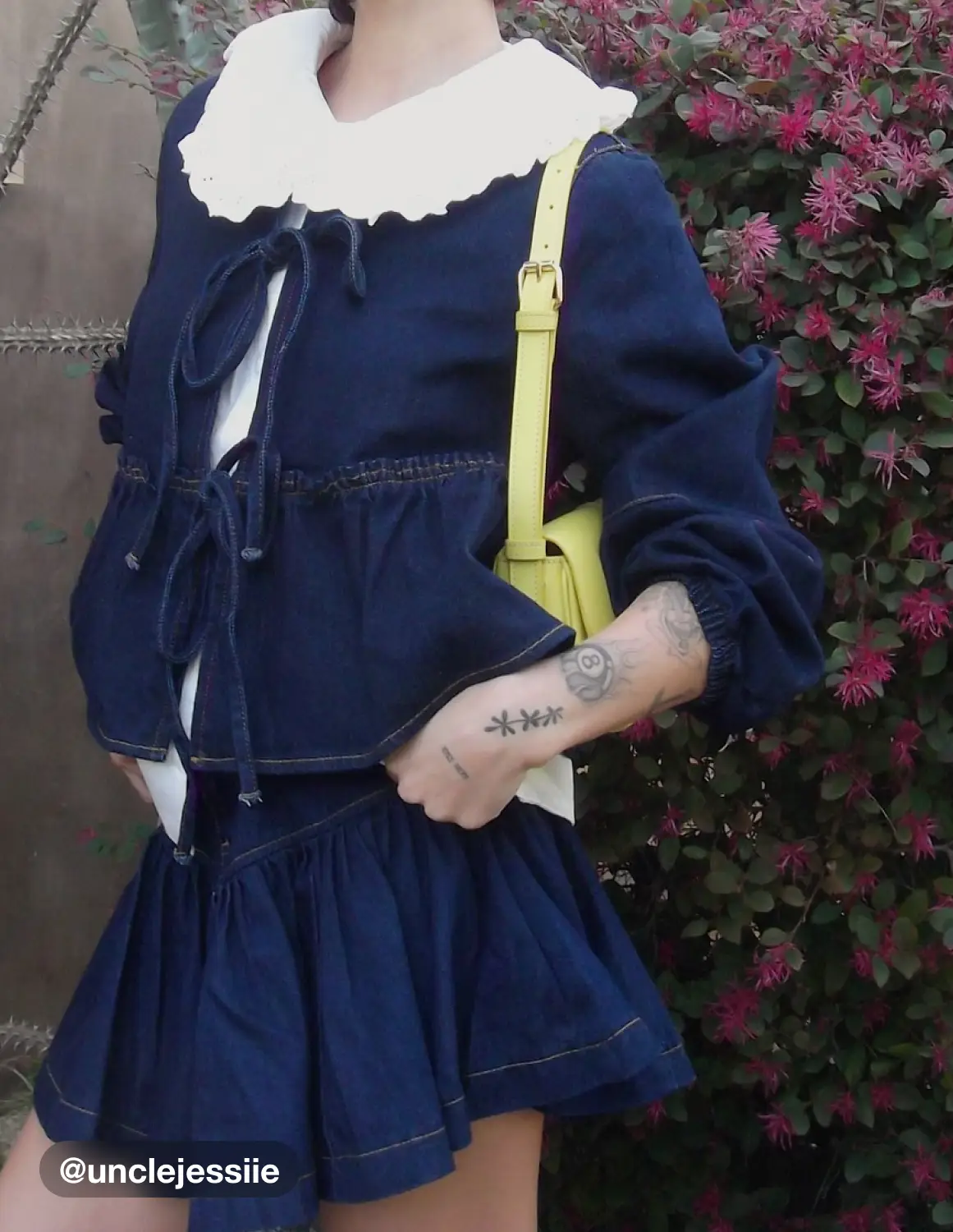 Denim Round Neckline Tie Front Ruffle Hem Jacket