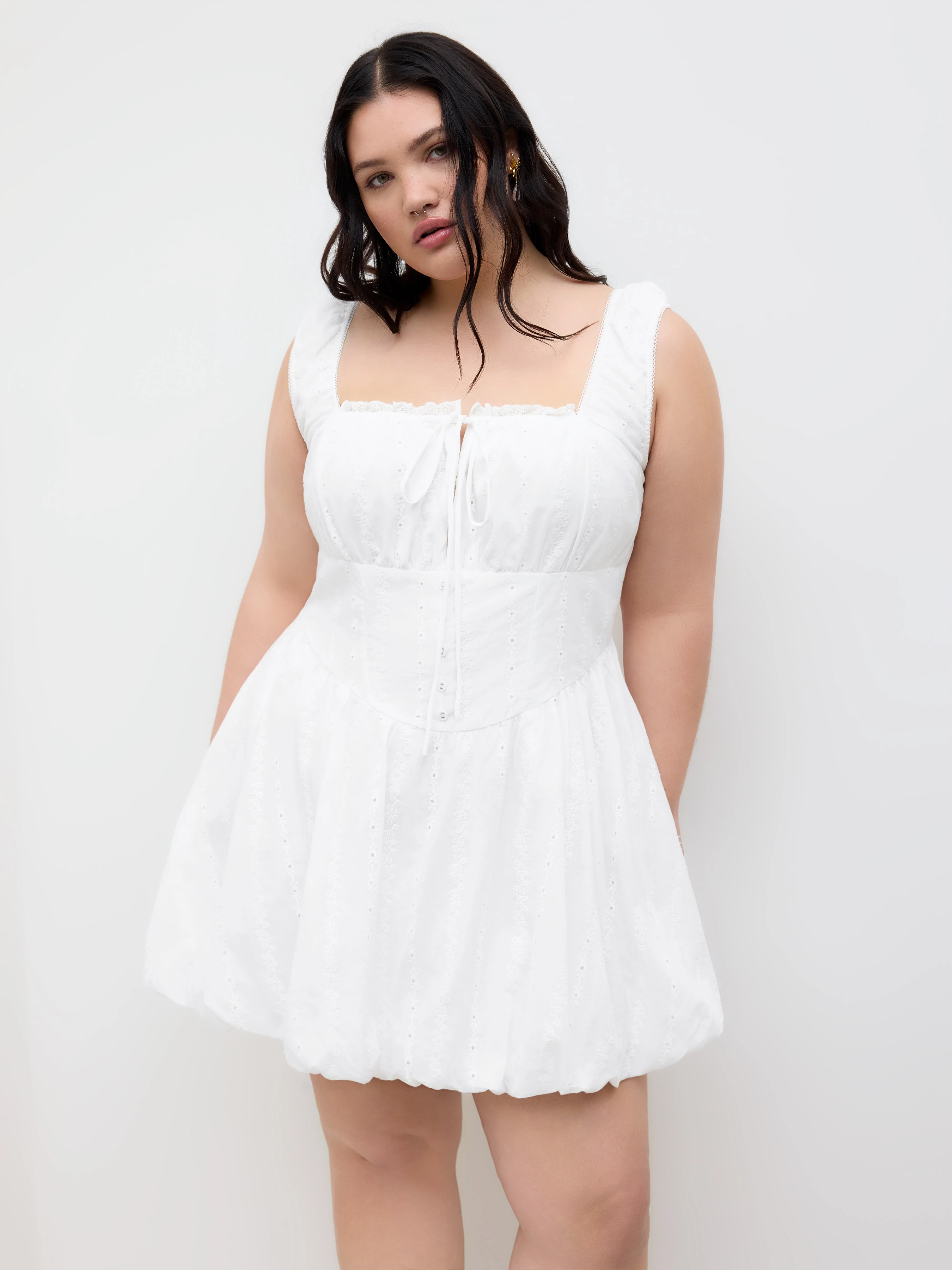 Cotton Broderie Anglaise Lettuce Trim Bubble Hem Mini Dress Curve & Plus