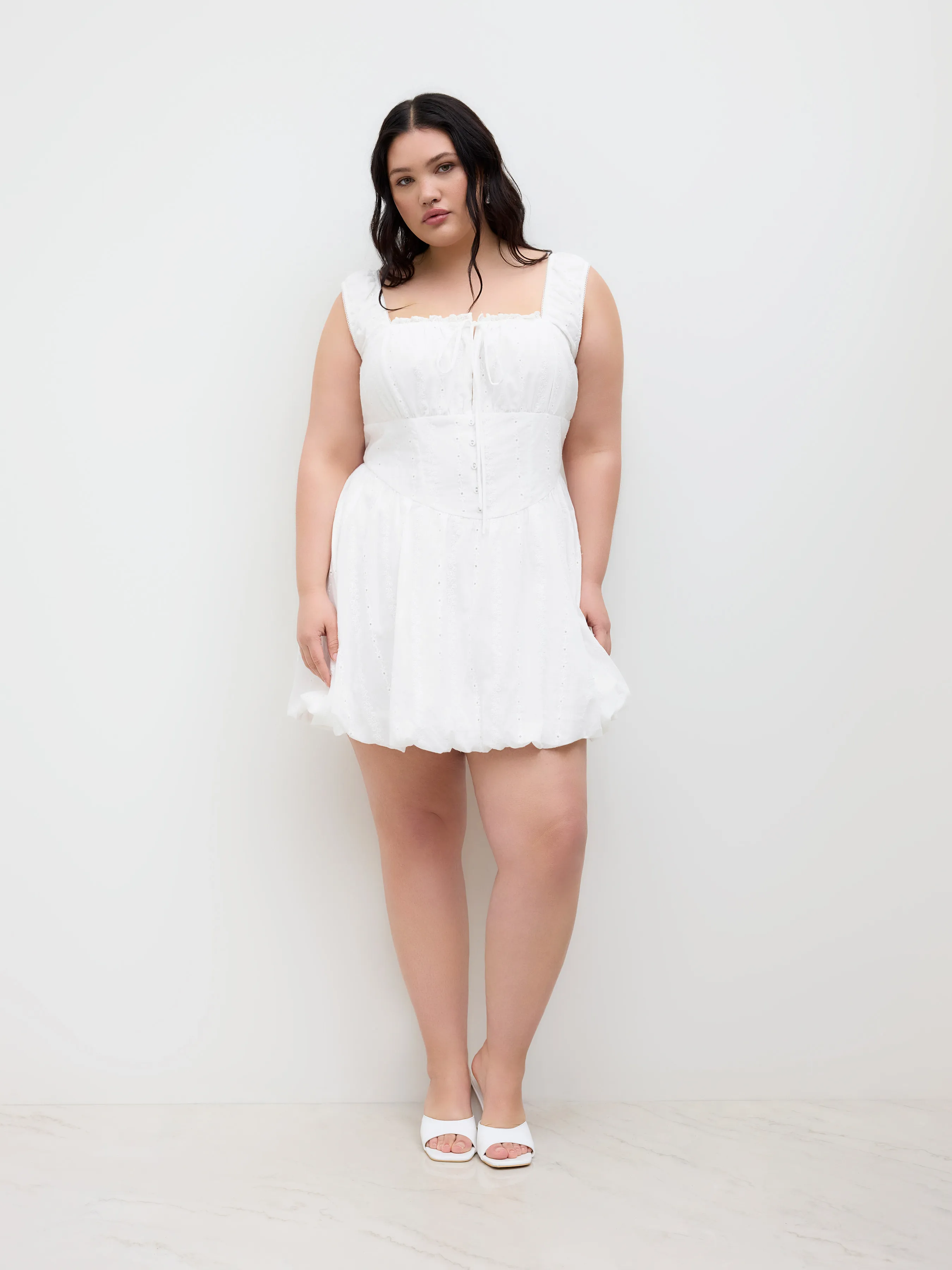 Cotton Broderie Anglaise Lettuce Trim Bubble Hem Mini Dress Curve & Plus