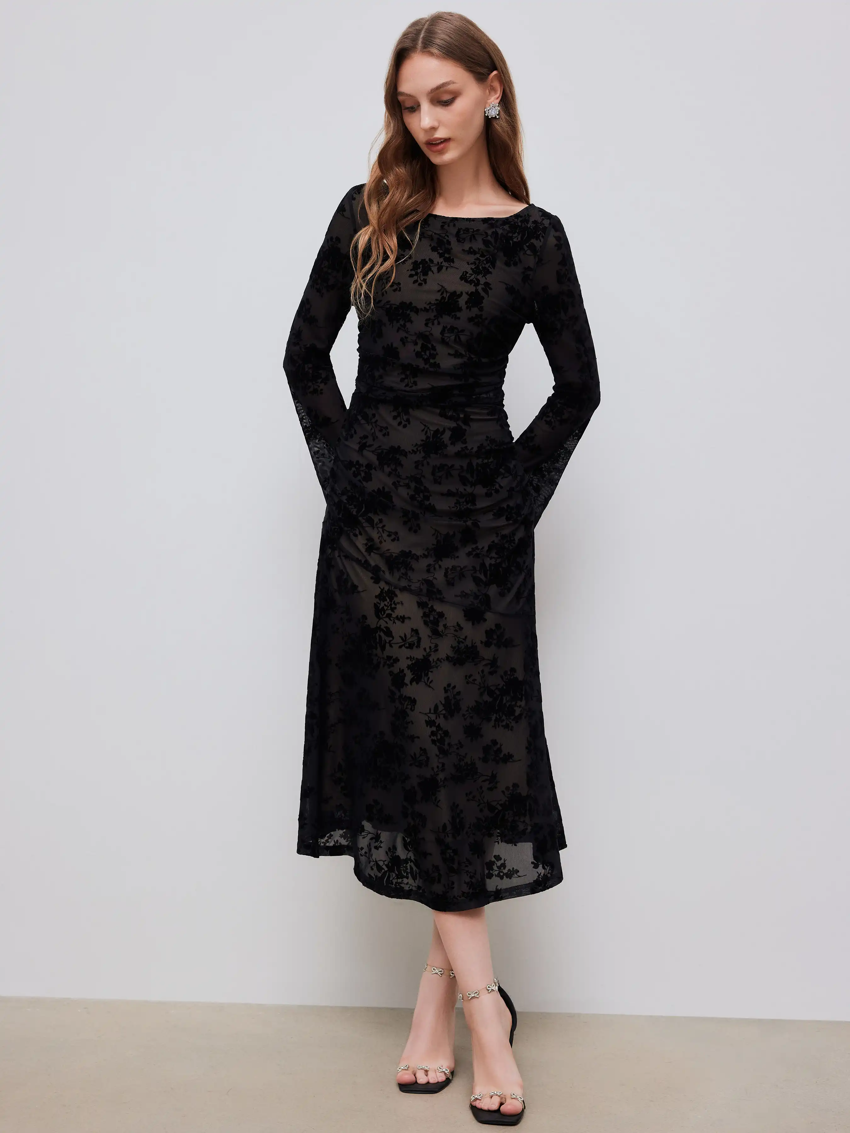 Mesh Boat Neck Floral Ruched Long Sleeve Maxi Dress
