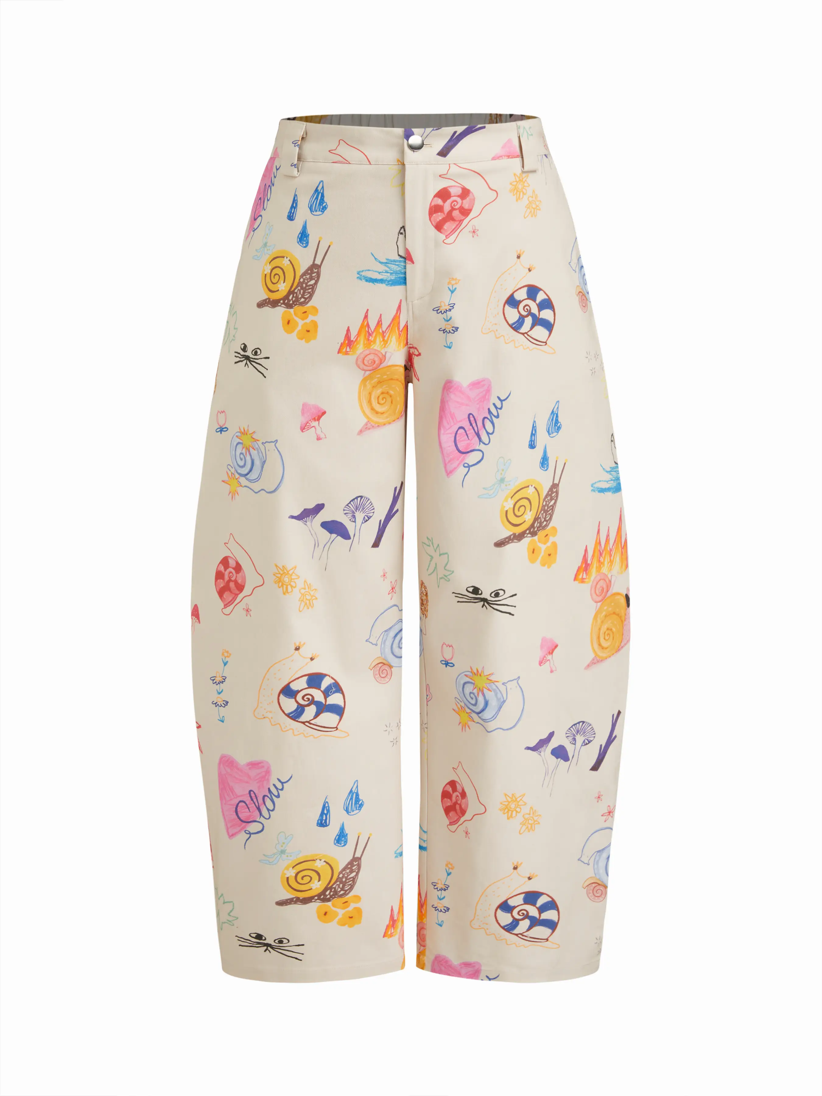 100% Cotton Mid Rise Snail Graphic Barrel-leg Trousers Curve & Plus