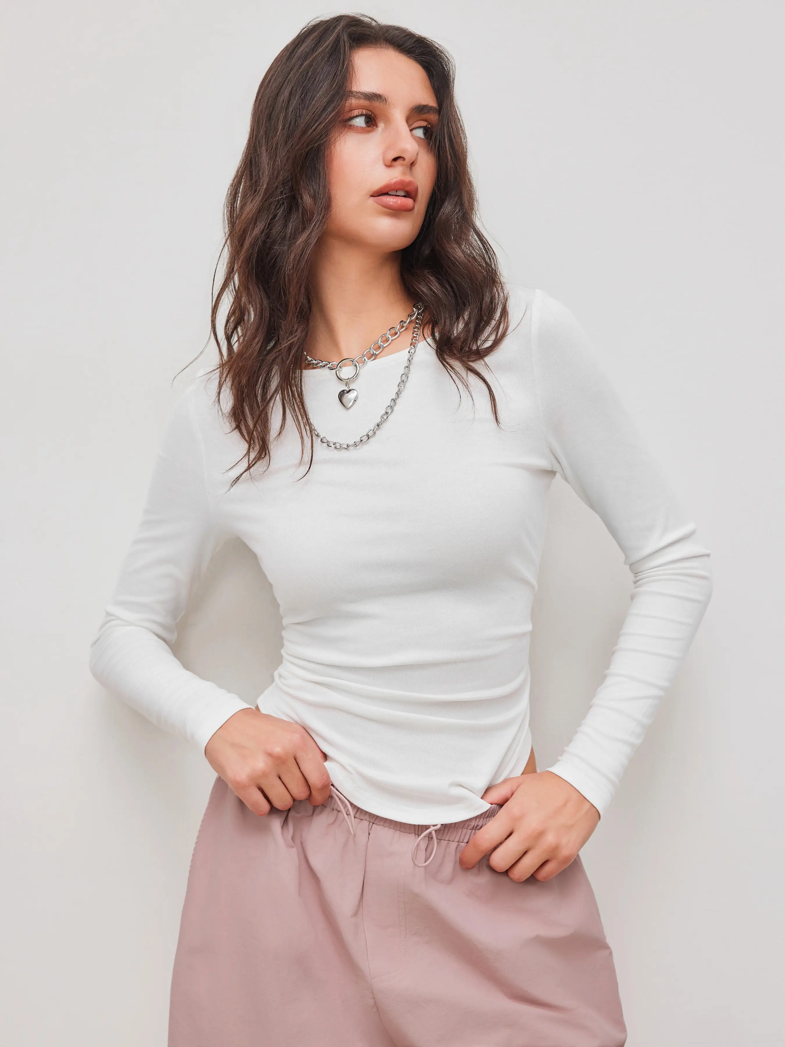 Boat Neck Solid Ruched Long Sleeve Tee