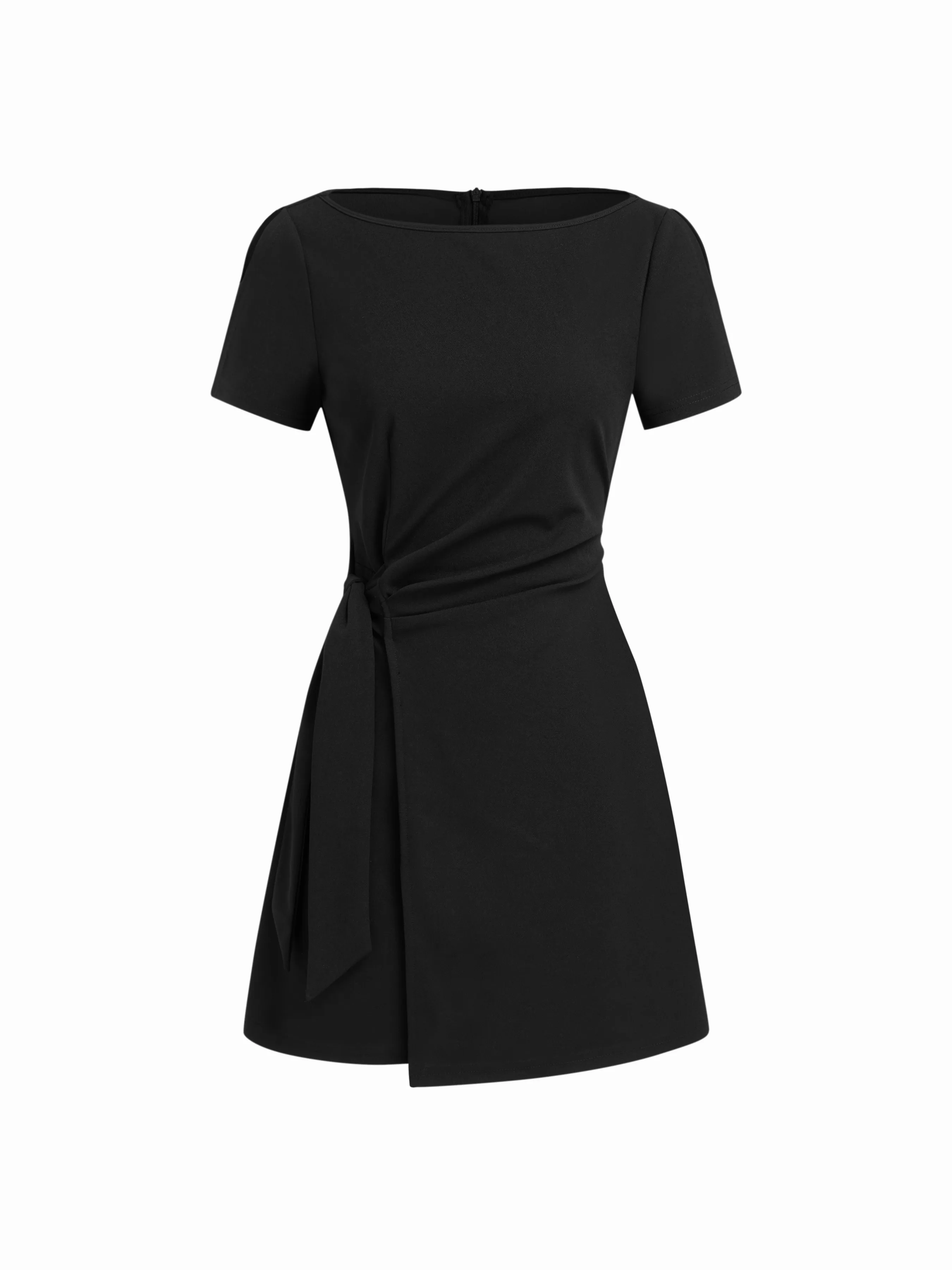 Boat Neck Ruched Knotted Split Sleeve Mini Dress