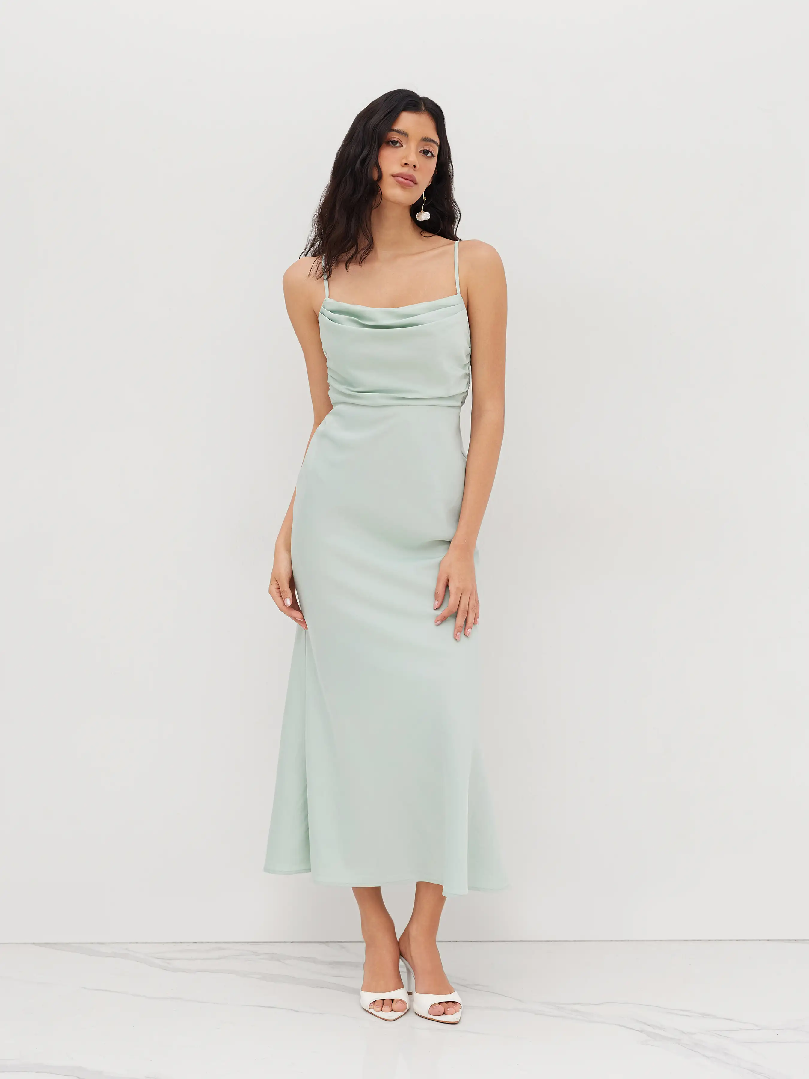 Satin Square Neck Ruched Lace Maxi Dress