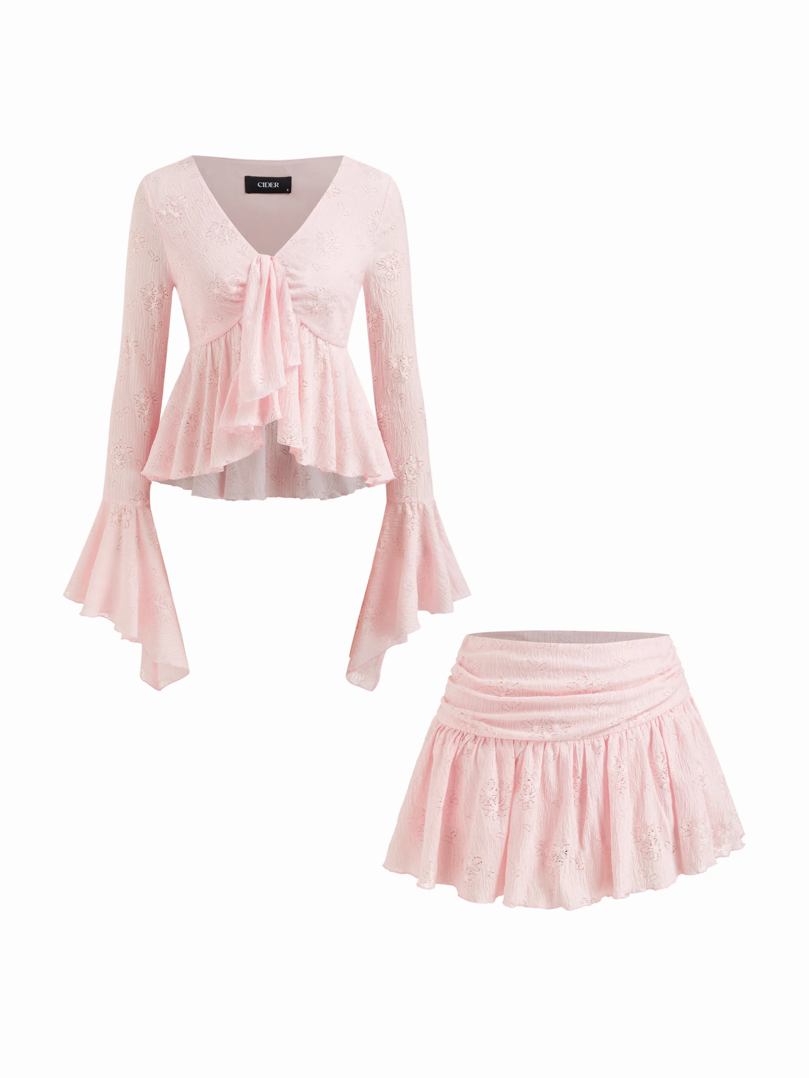 5719-lace-v-neck-pointelle-bell-sleeve-crop-top-with-ruched-mini-skirt-set-1.webp