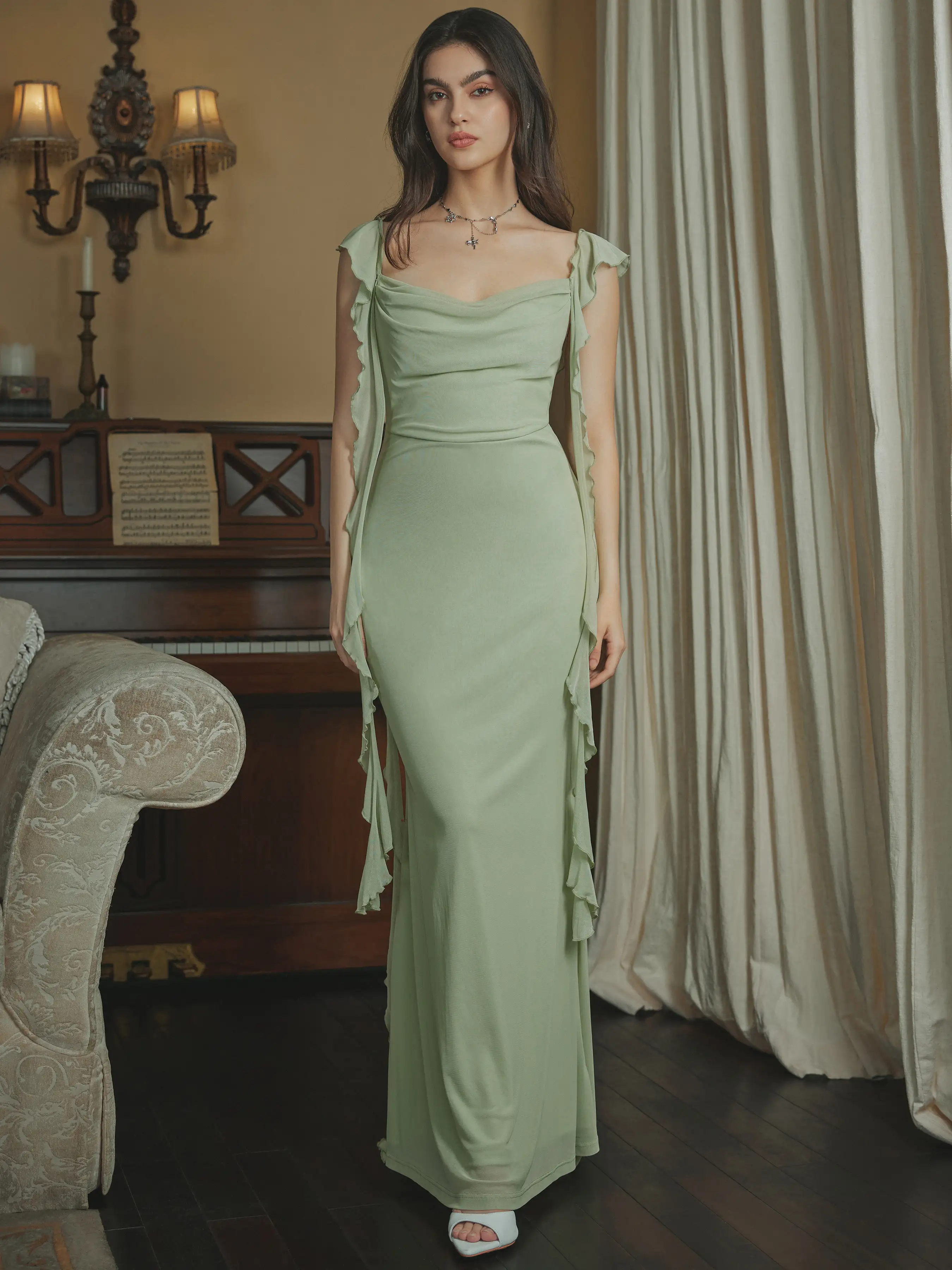 Mesh Ruffle Hem Maxi Dress