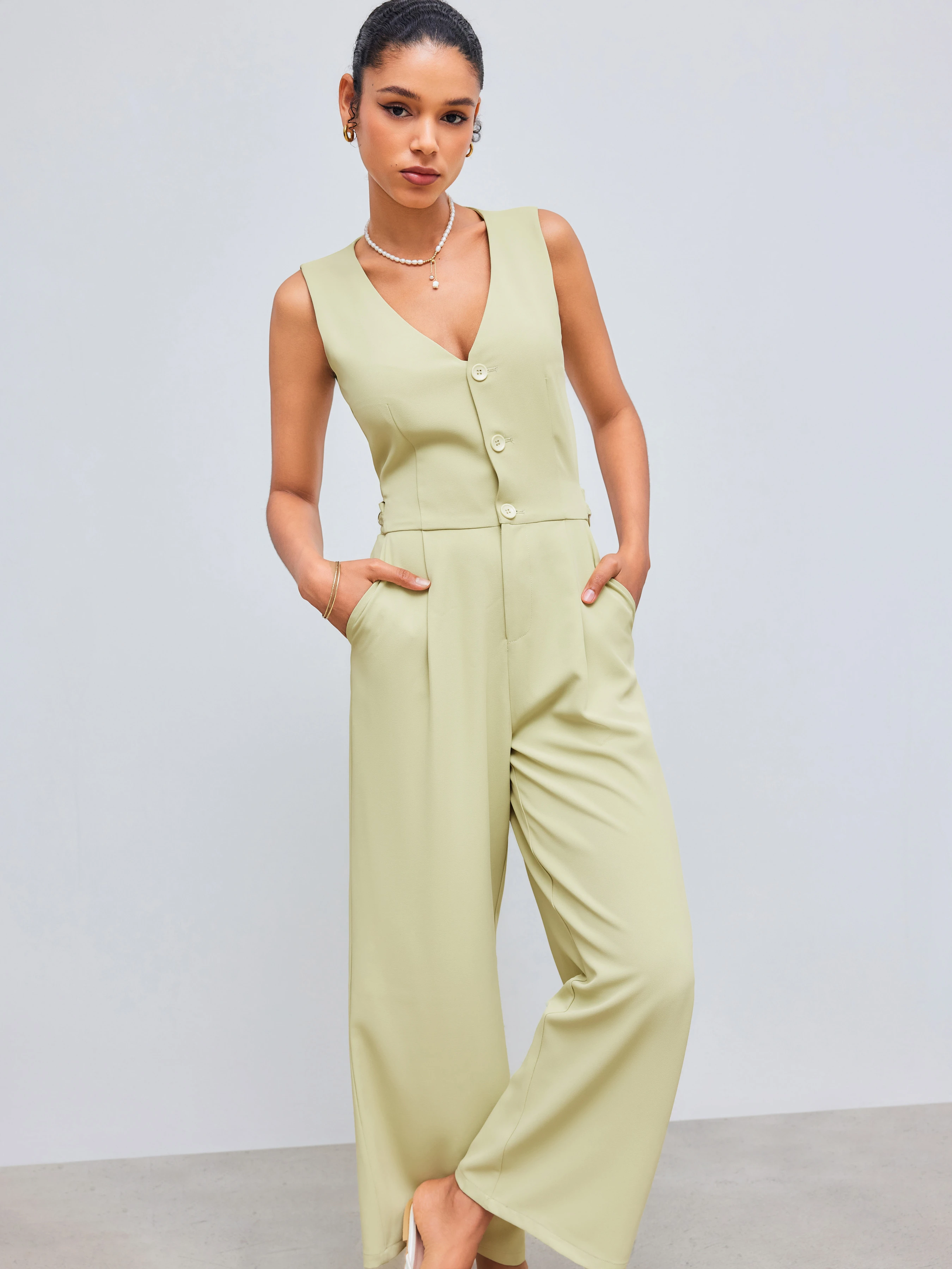 Woven V-neck Solid Pocket Cut Out Vest Jumpsuit