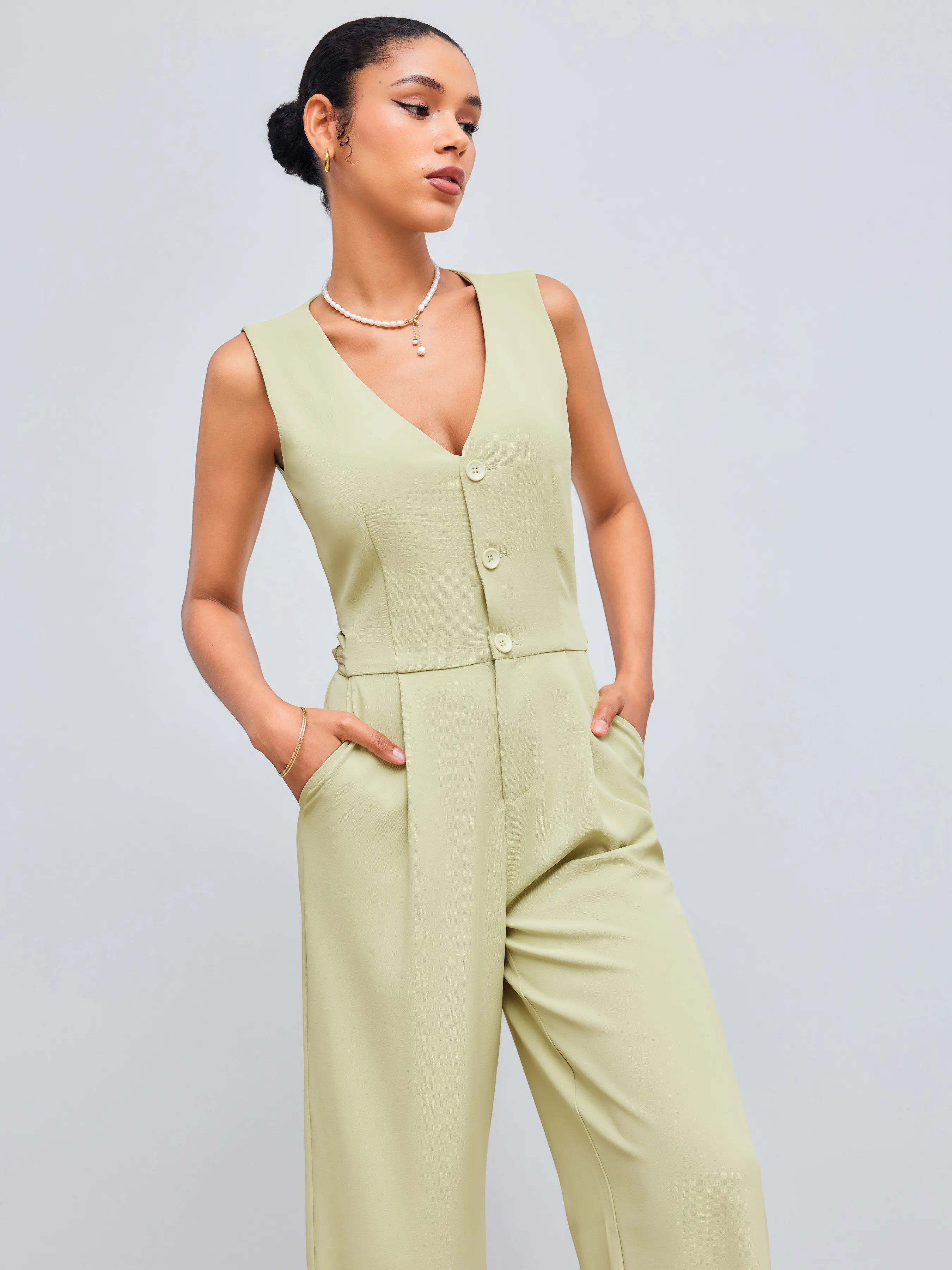 Woven V-neck Solid Pocket Cut Out Vest Jumpsuit
