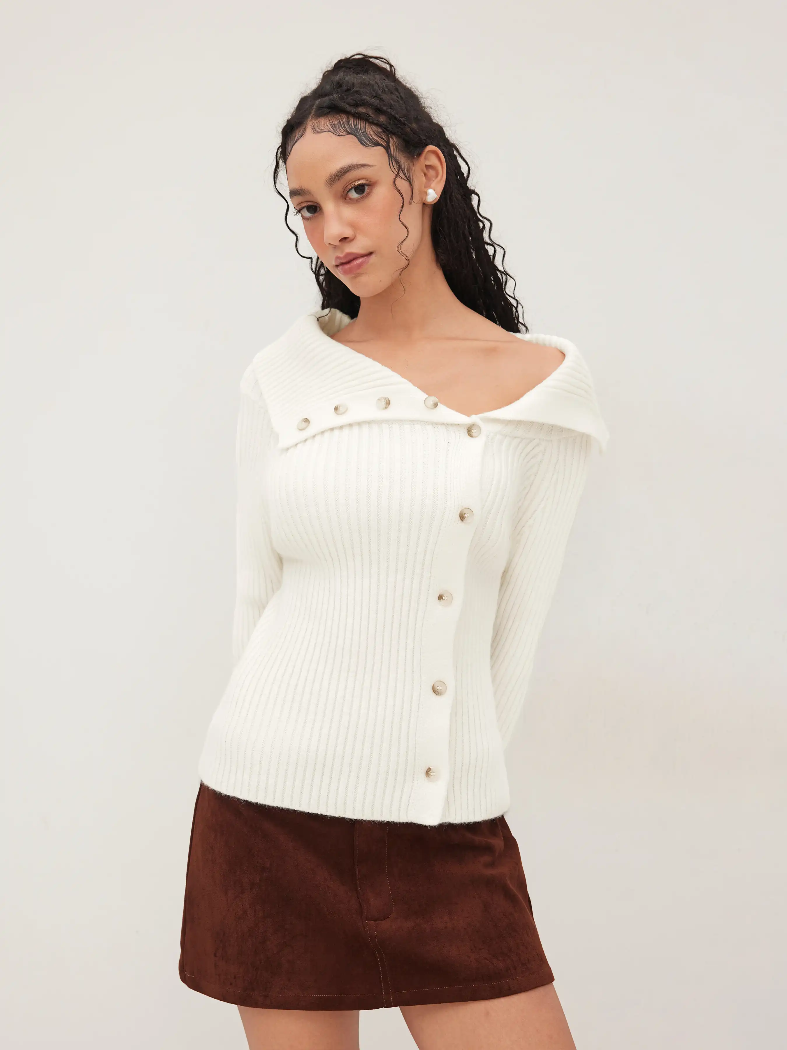 Knit Asymmetrical Neckline Button Sweater